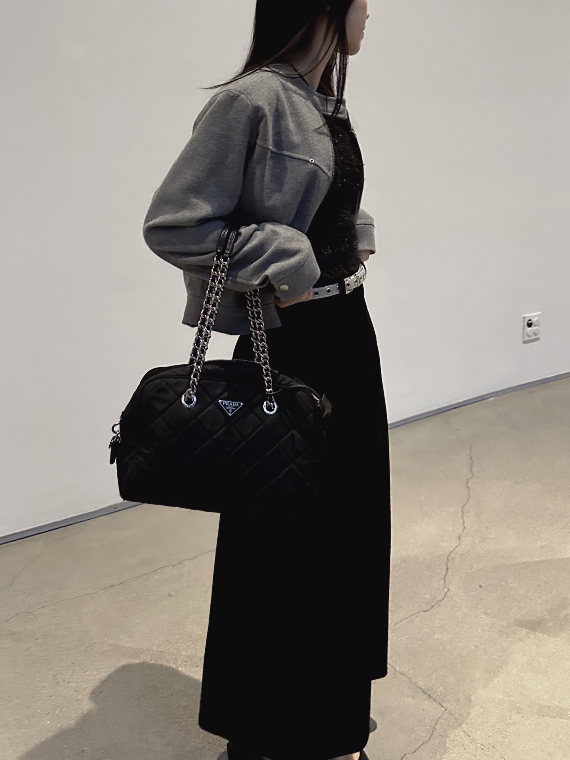 Prada Pocono Nylon Quilted Chain Shoulder Bag Black, Gucci Trademark Ring With Heart Pendant Silver 착용 스타일 - 2