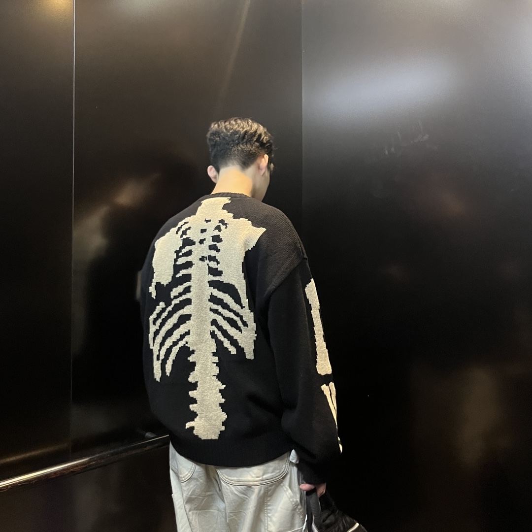 Kapital 5G Wool Bone Crewneck Sweater Black, Kapital Thin Canvas Zipper Wide Lumbar Pants Kinari 착용 스타일 - 3