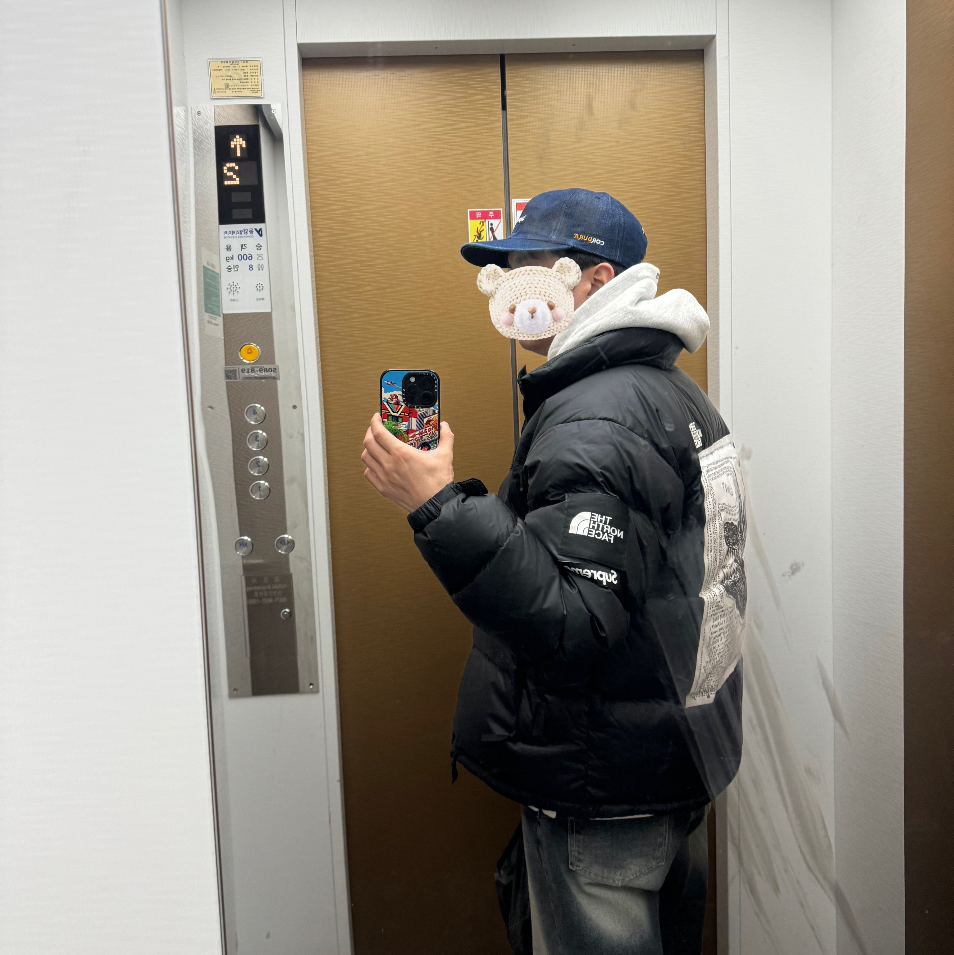 Supreme Cordura Denim Small Box 6-Panel Blue - 24SS, Supreme x The North Face Nuptse Jacket Black - 24FW 착용 스타일