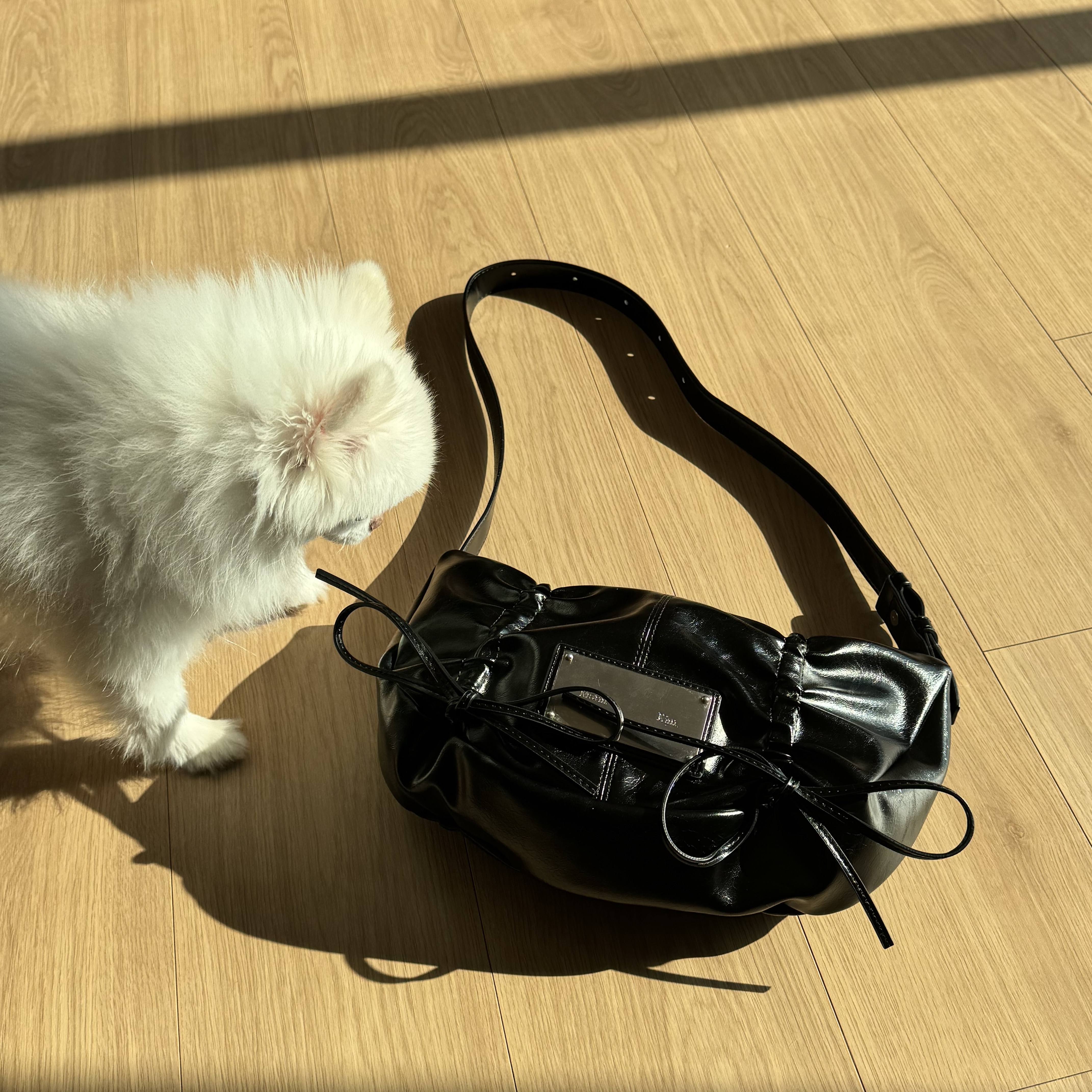 Matin Kim Half Shirring Ribbon Round Bag Black 착용 스타일 - 1