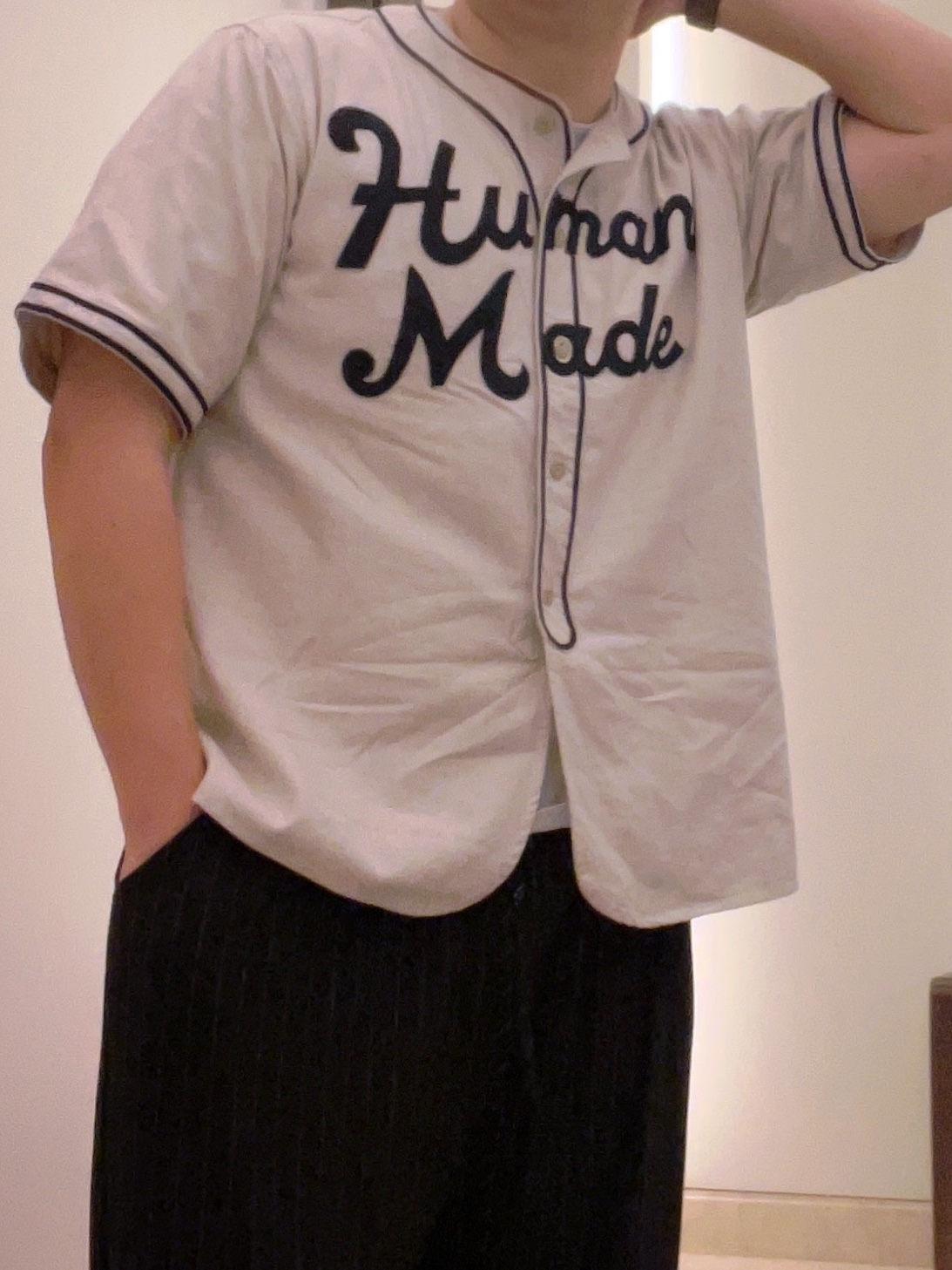 Human Made Baseball Shirt Beige 착용 스타일 - 2