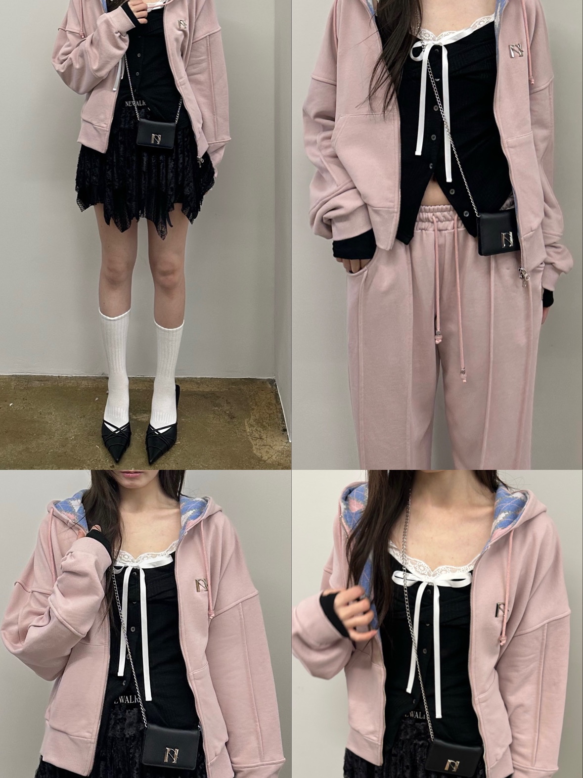 [KREAM 단독] Newalrin Lollipop Check Hoodie Zip Up Baby Pink, [KREAM 단독] Newalrin Lollipop Check Hoodie Zip Up Melange Charcoal 착용 스타일