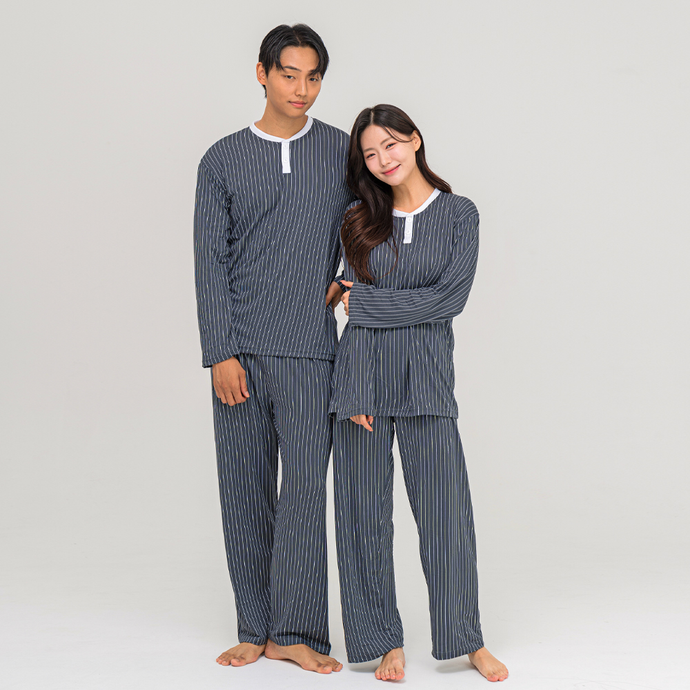[3% 적립] 에이원 유니섹스 피치 기모 핀스트라이프 라운드 잠옷 세트 차콜([3% 적립] Aone Unisex Peach Fleece Pinstripe Round Pajama Set Charcoal) - 2