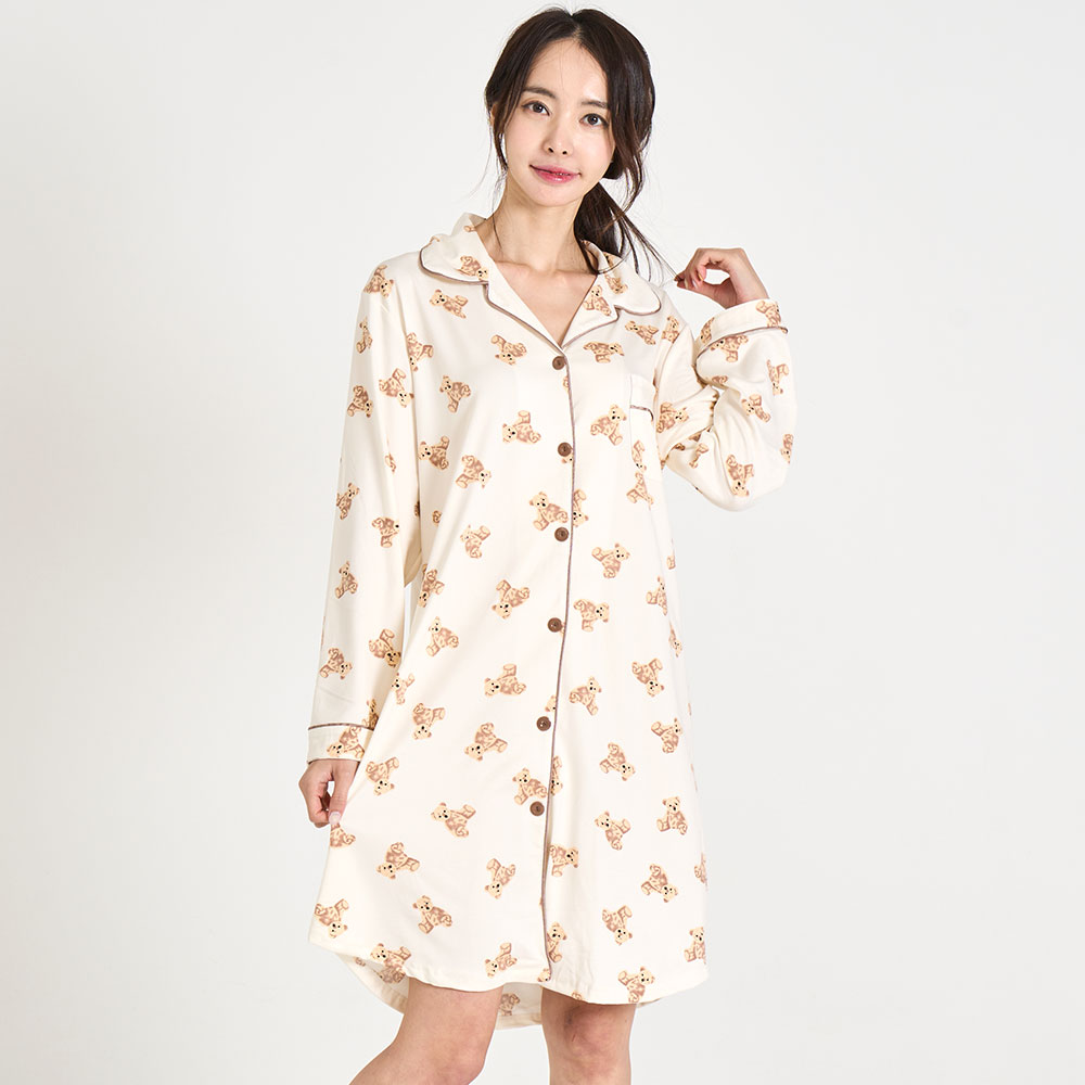 [3% 적립] (W) 에이원 피치 기모 곰돌이 카라 긴팔 잠옷 원피스 아이보리([3% 적립] (W) Aone Peach Fleece Teddy Bear Collar Longsleeve Pajama Dress Ivory) - 2