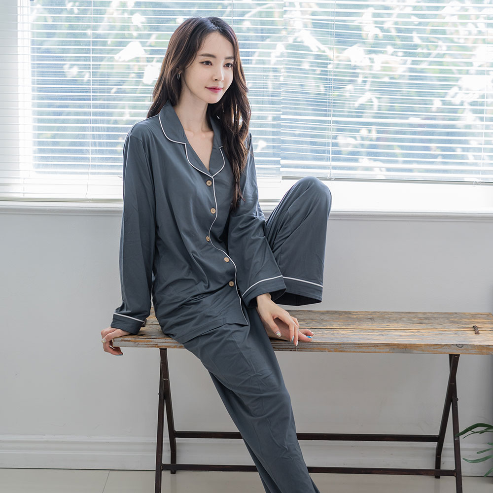 [3% 적립] (W) 에이원 기모 단색 카라 잠옷 세트 다크그레이([3% 적립] (W) Aone Fleece Solid Collar Pajama Set Dark Gray) - 2