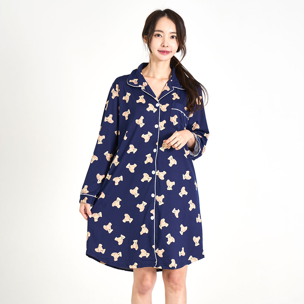[3% 적립] (W) 에이원 피치 기모 곰돌이 카라 긴팔 잠옷 원피스 네이비([3% 적립] (W) Aone Peach Fleece Teddy Bear Collar Longsleeve Pajama Dress Navy) - 2