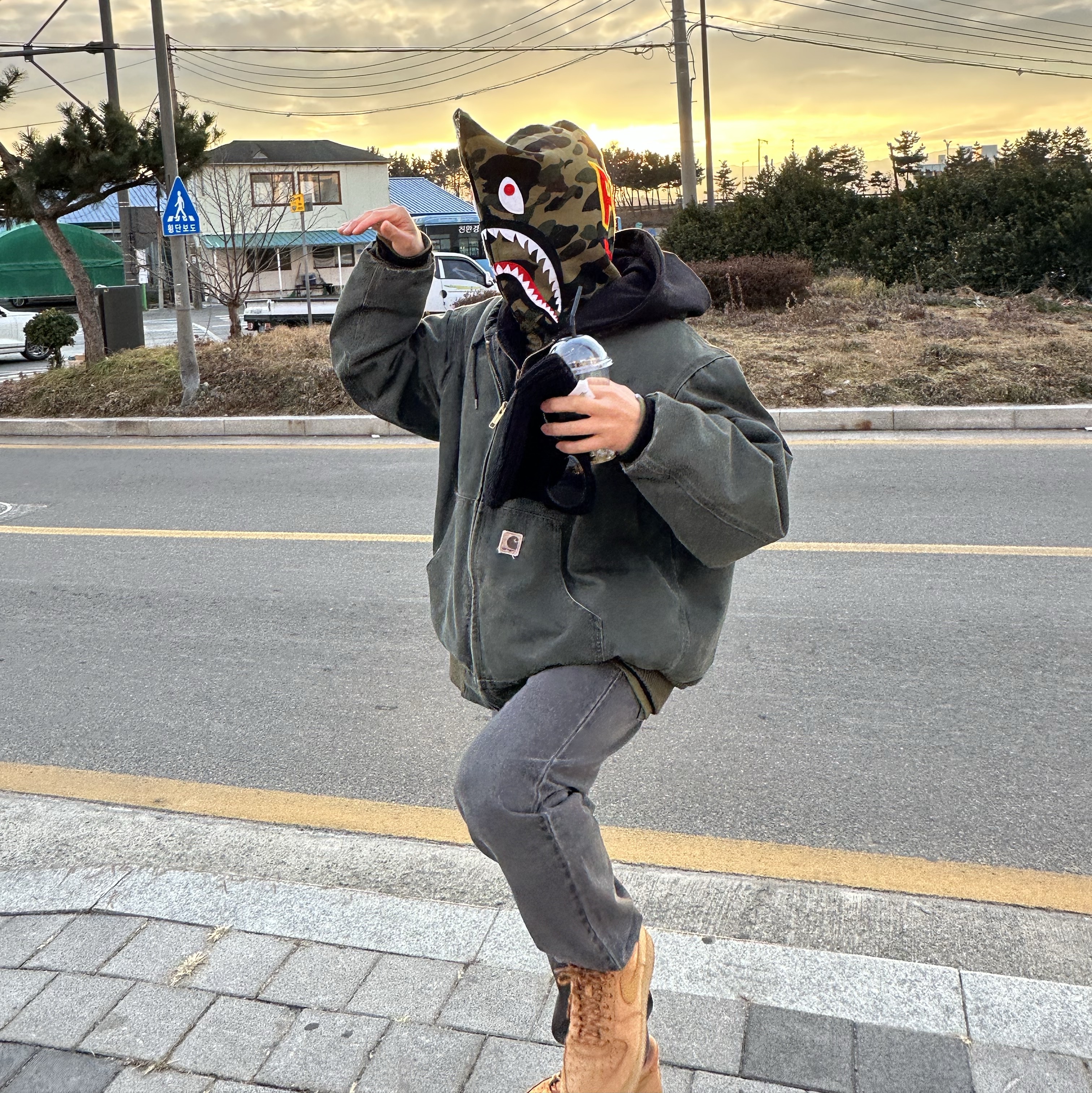 BAPE PONR 1st Camo 2nd Shark Full Zip Hoodie Green, Nike Air Force 1 '07 WB Flax 착용 스타일 - 6