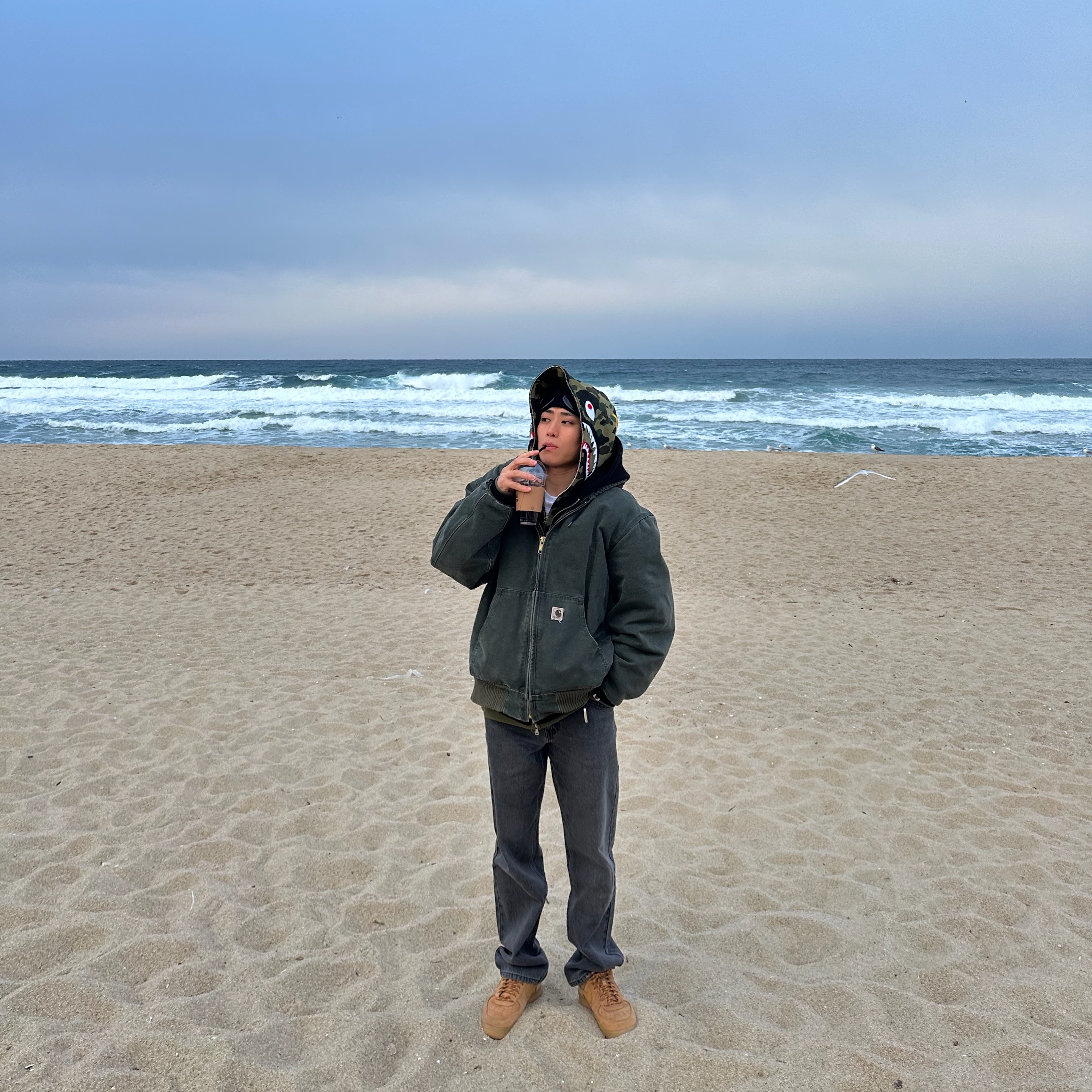 BAPE PONR 1st Camo 2nd Shark Full Zip Hoodie Green, Nike Air Force 1 '07 WB Flax 착용 스타일 - 2