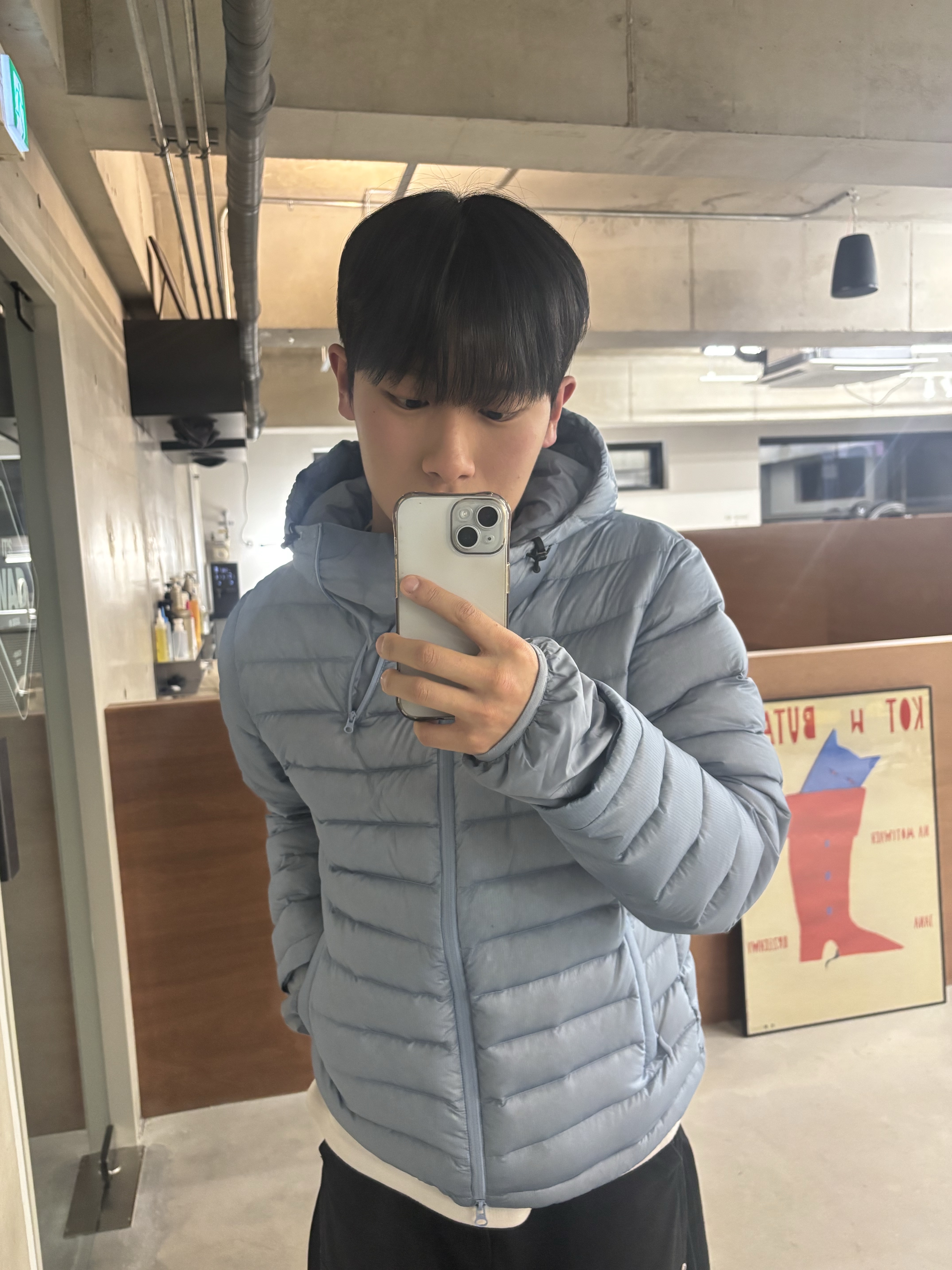 Sansan Gear Suffix Puffer Jacket Sky Blue - 24FW 착용 스타일 - 1