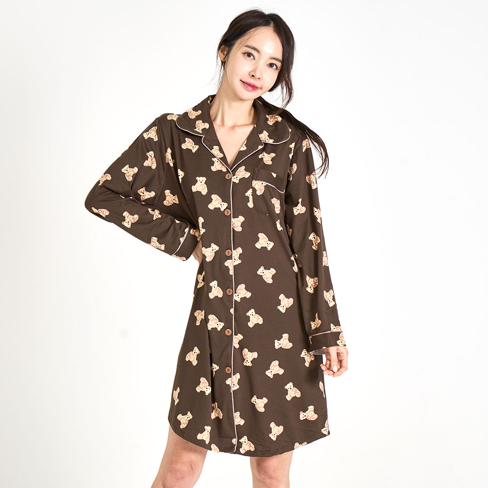 [3% 적립] (W) 에이원 피치 기모 곰돌이 카라 긴팔 잠옷 원피스 브라운([3% 적립] (W) Aone Peach Fleece Teddy Bear Collar Longsleeve Pajama Dress Brown) - 2