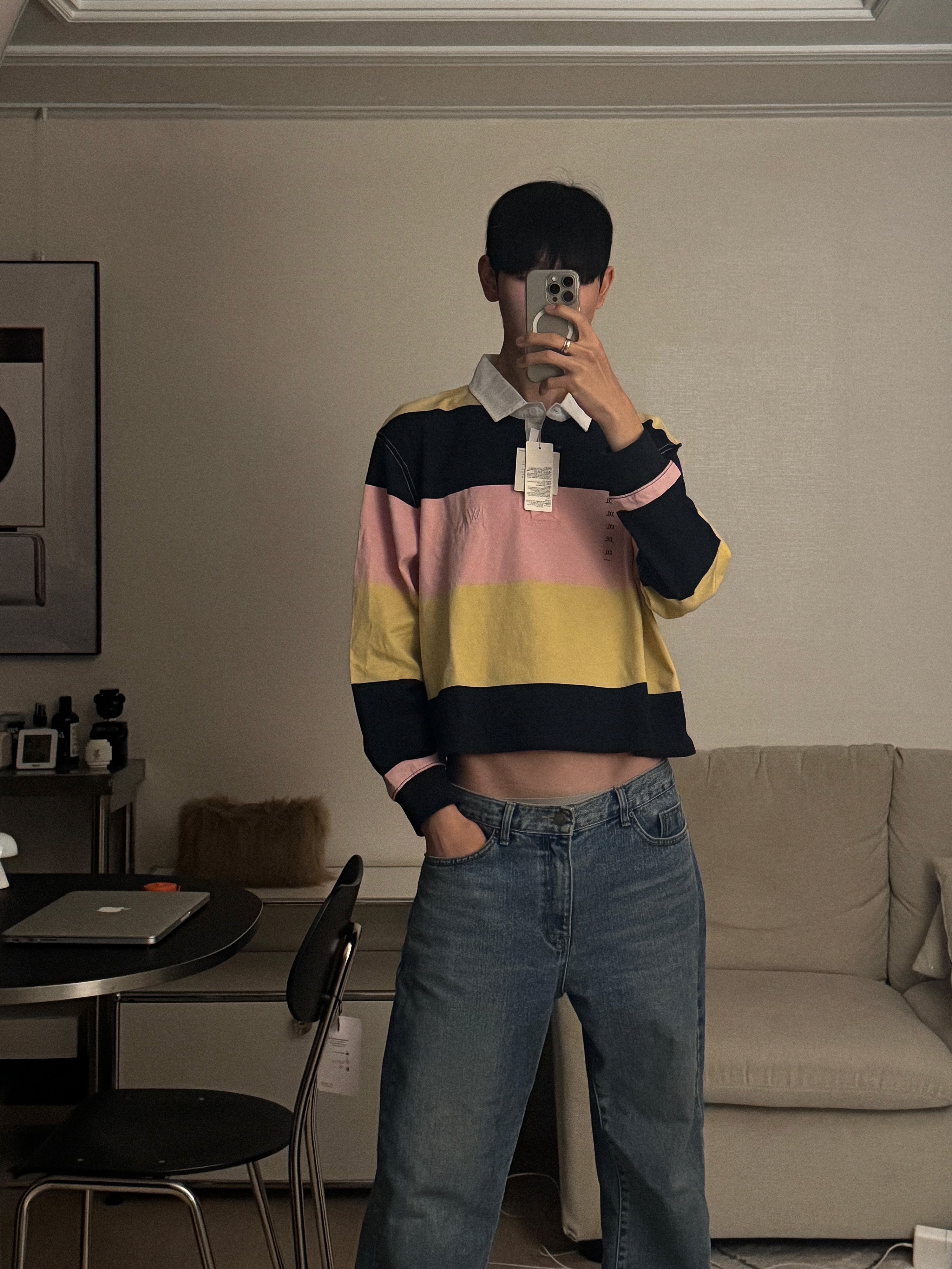 (W) Uniqlo x JW Anderson Boxy Rugger Polo Shirt Stripe Blue - KR 착용 스타일