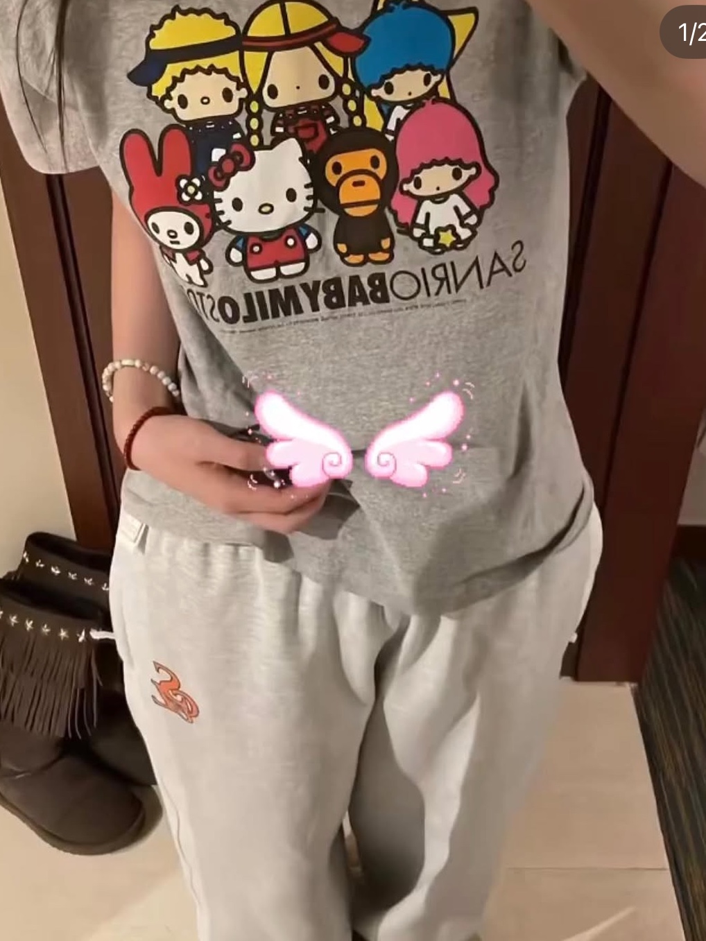 BAPE Baby Milo x Sanrio Characters T-Shirt #1 Black - Ginza Store Exclusive, (W) BAPE Baby Milo x Pompompurin Mini T-Shirt White 착용 스타일 - 3