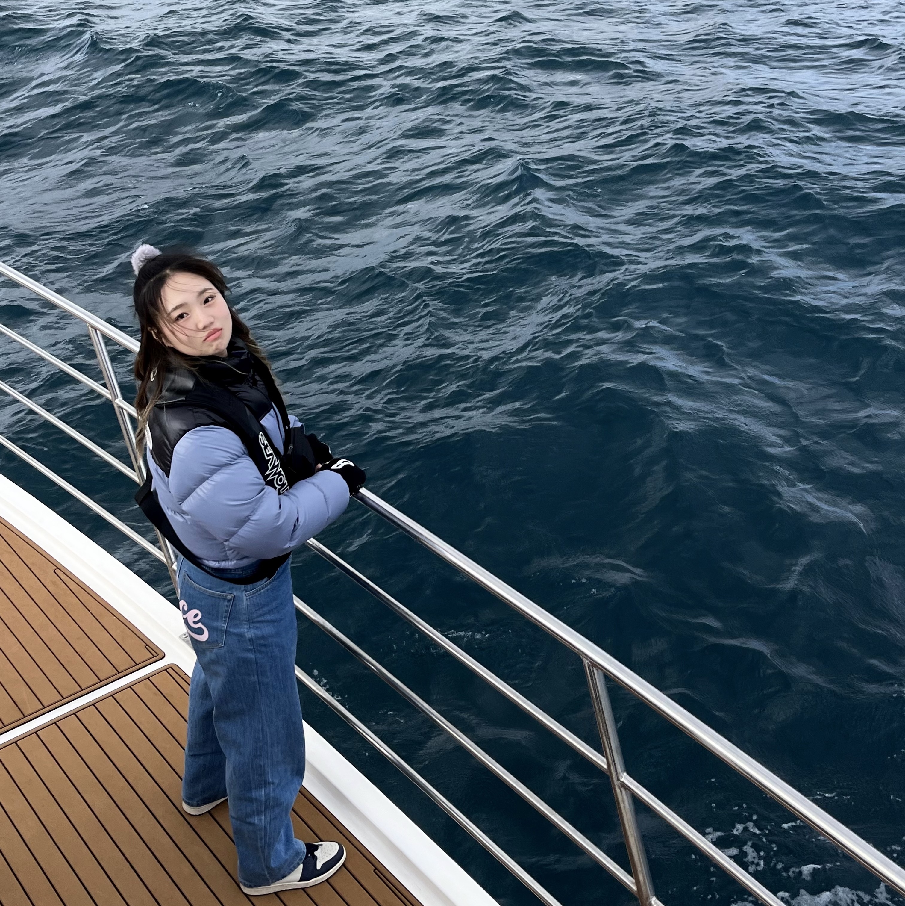 (W) The North Face Nuptse Short Jacket Folk Blue, Palace Chain Script Jean Stone Wash - 23SS 착용 스타일