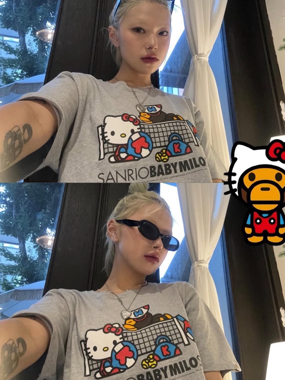 BAPE Baby Milo x Sanrio Characters T-Shirt #1 Black - Ginza Store Exclusive, (W) BAPE Baby Milo x Pompompurin Mini T-Shirt White 착용 스타일 - 2