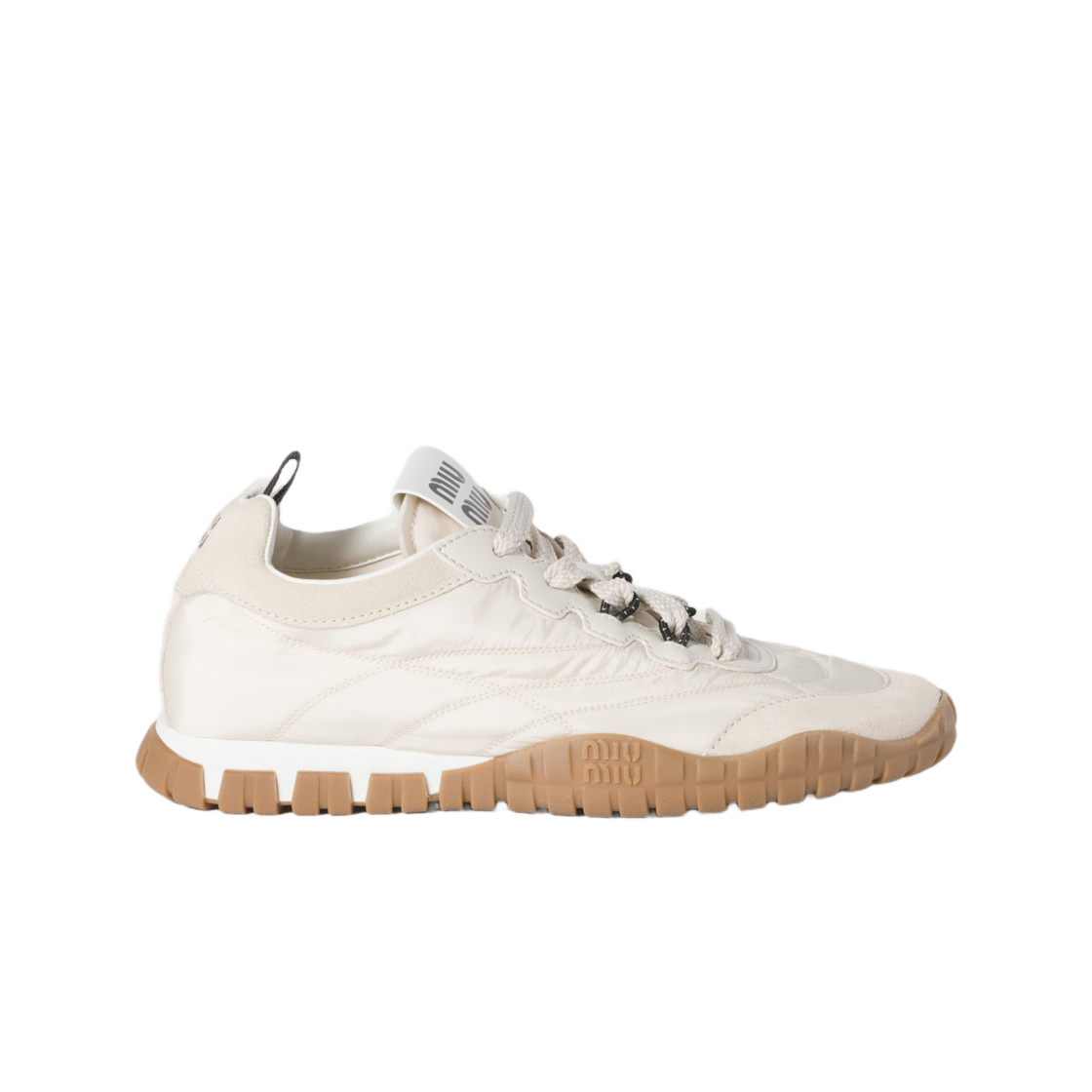 5E417E-ZJM-F0304 (W) Miu Miu Tyre Technical Fabric and Suede Sneakers Ivory
