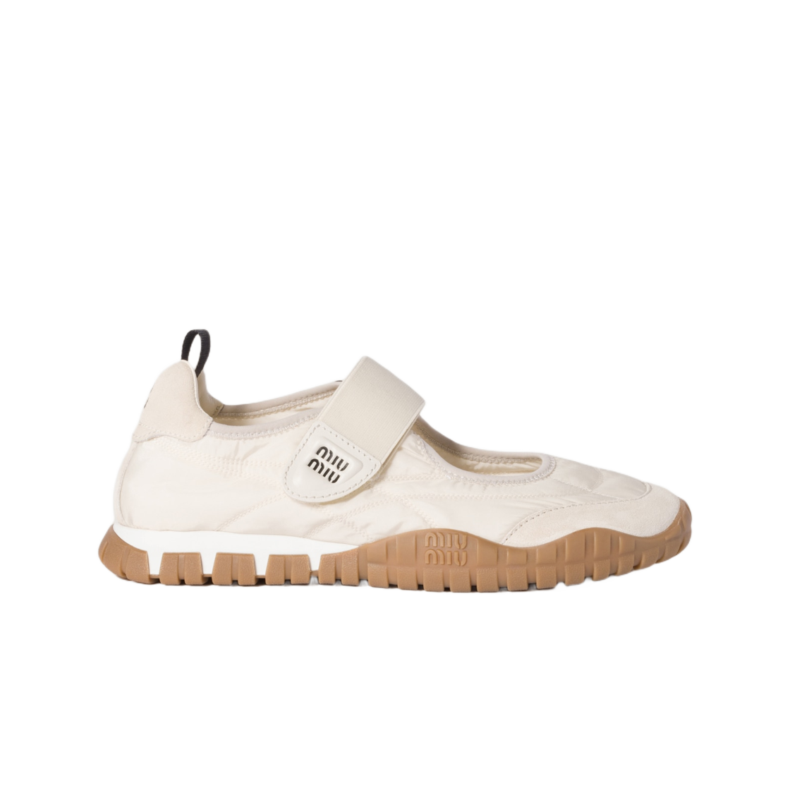 (W) 미우 미우 타이어 테크니컬 패브릭 앤 스웨이드 발레리나 아이보리((W) Miu Miu Tyre Technical Fabric and Suede Ballerinas Ivory)