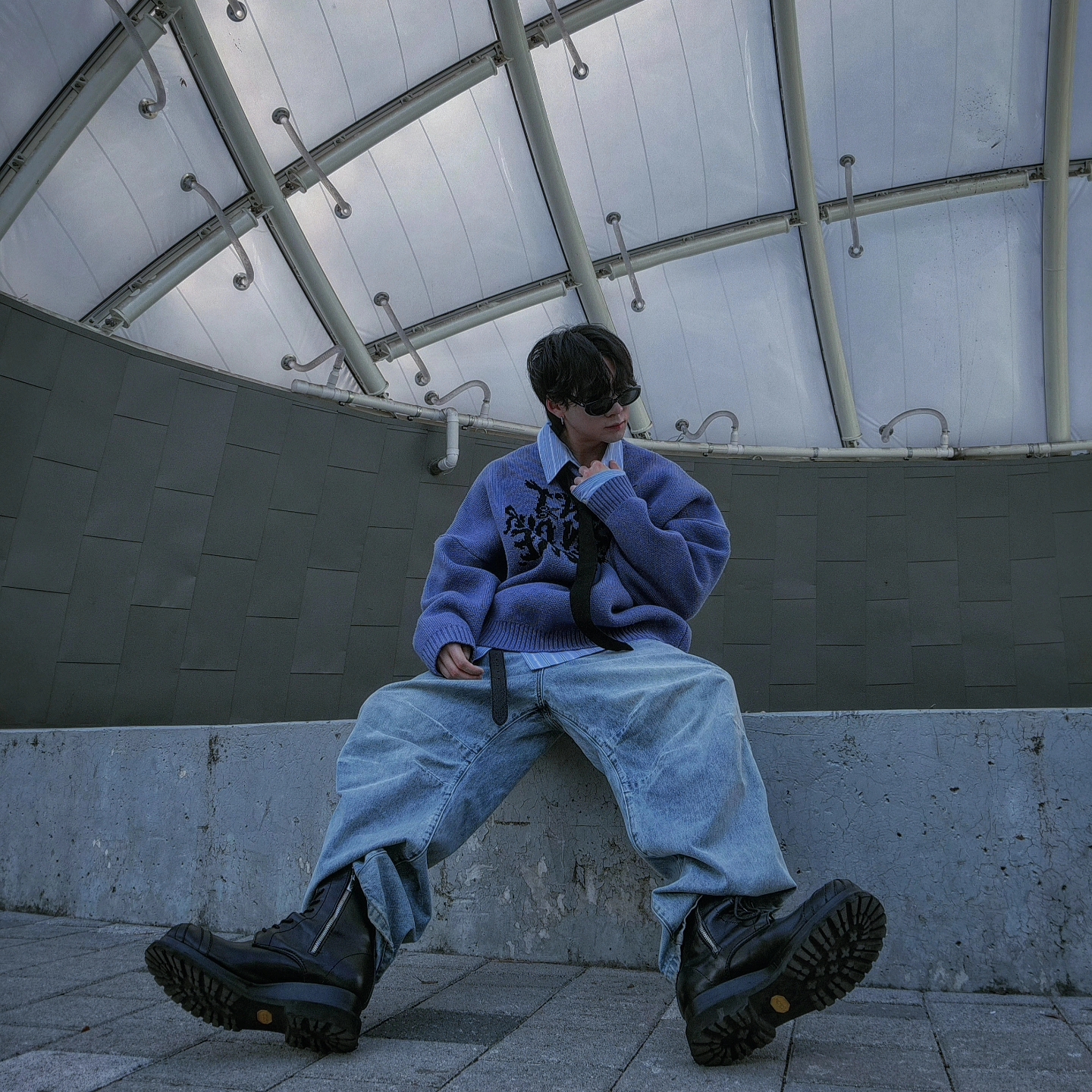 NOD Glen Wide Baggy Denim Pants Light Blue, Project G/R Unbalanced Stripe Shirt Sky Blue 착용 스타일