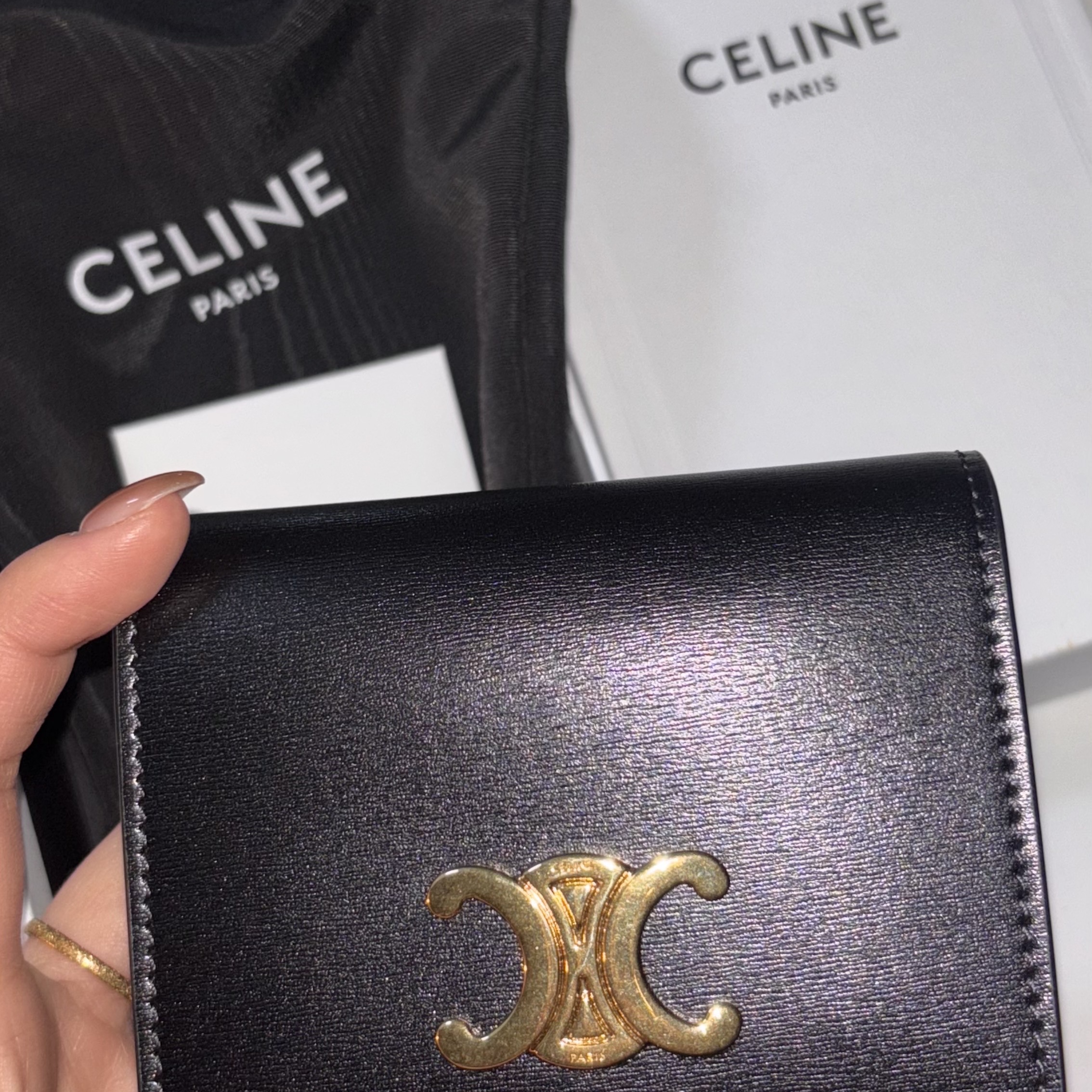 Celine Triomphe Business Card Holder in Shiny Calfskin Black 착용 스타일