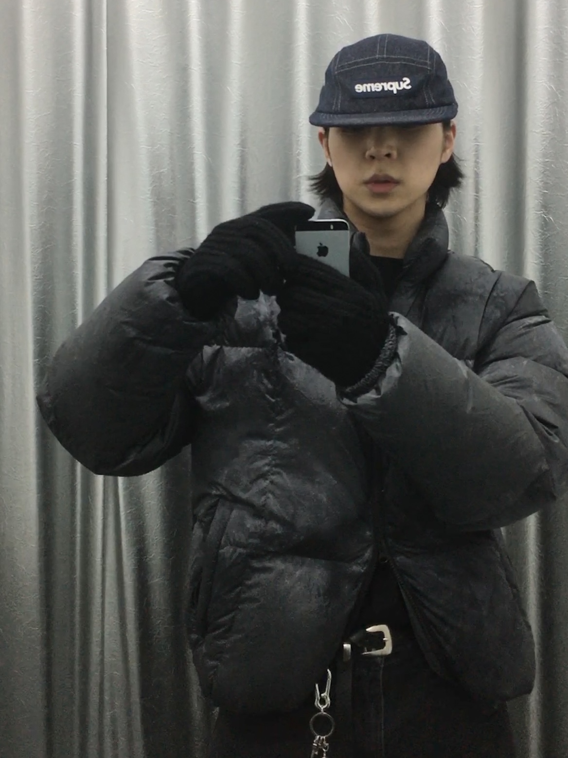 Millo Archive Arcade Curve Duck Down Padding Multi Black, Millo Archive Cradle Sweat Jacket Washed Indigo 착용 스타일 - 6