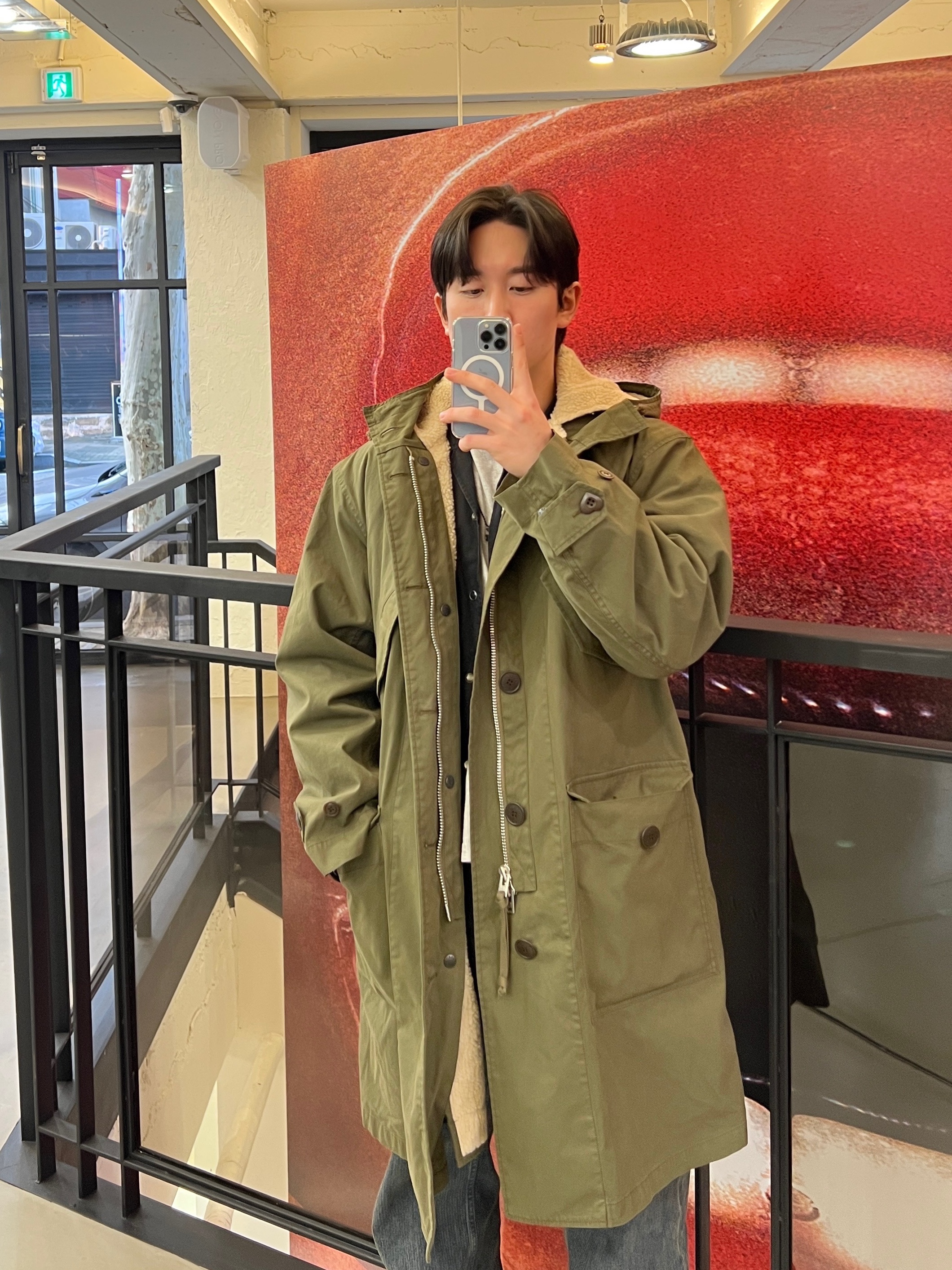 Human Made Military Coat Olive Drab, Human Made Military Card Case Olive Drab 착용 스타일 - 1