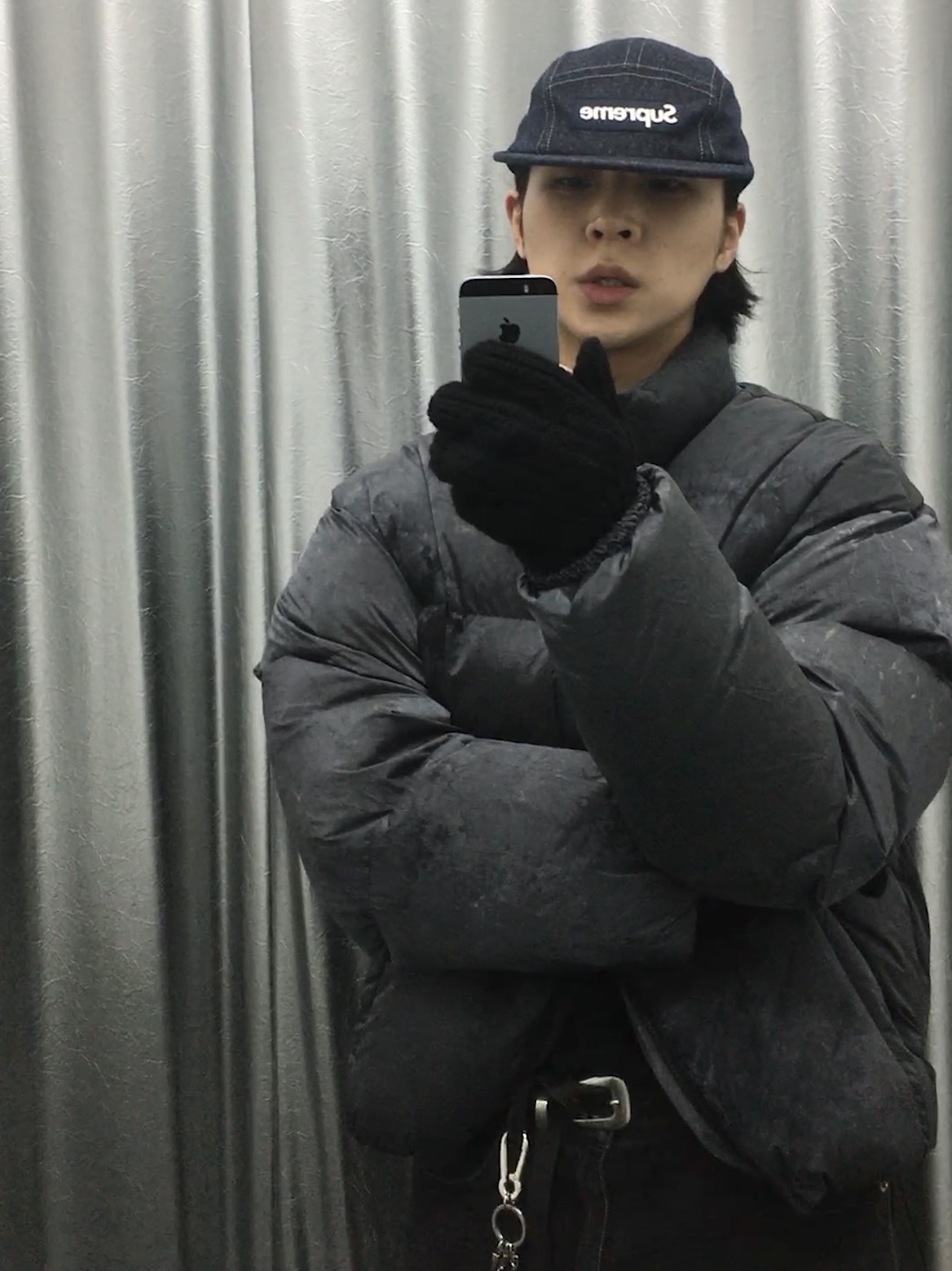 Millo Archive Arcade Curve Duck Down Padding Multi Black, Millo Archive Cradle Sweat Jacket Washed Indigo 착용 스타일 - 2