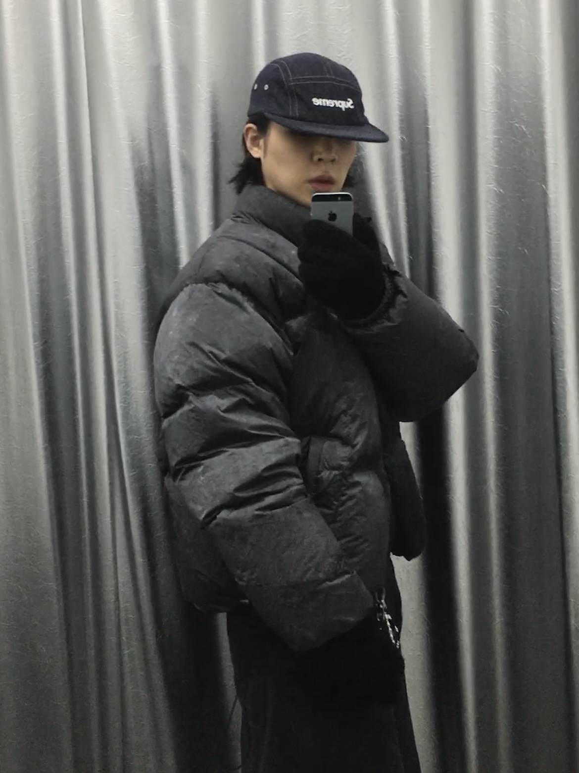 Millo Archive Arcade Curve Duck Down Padding Multi Black, Millo Archive Cradle Sweat Jacket Washed Indigo 착용 스타일 - 7
