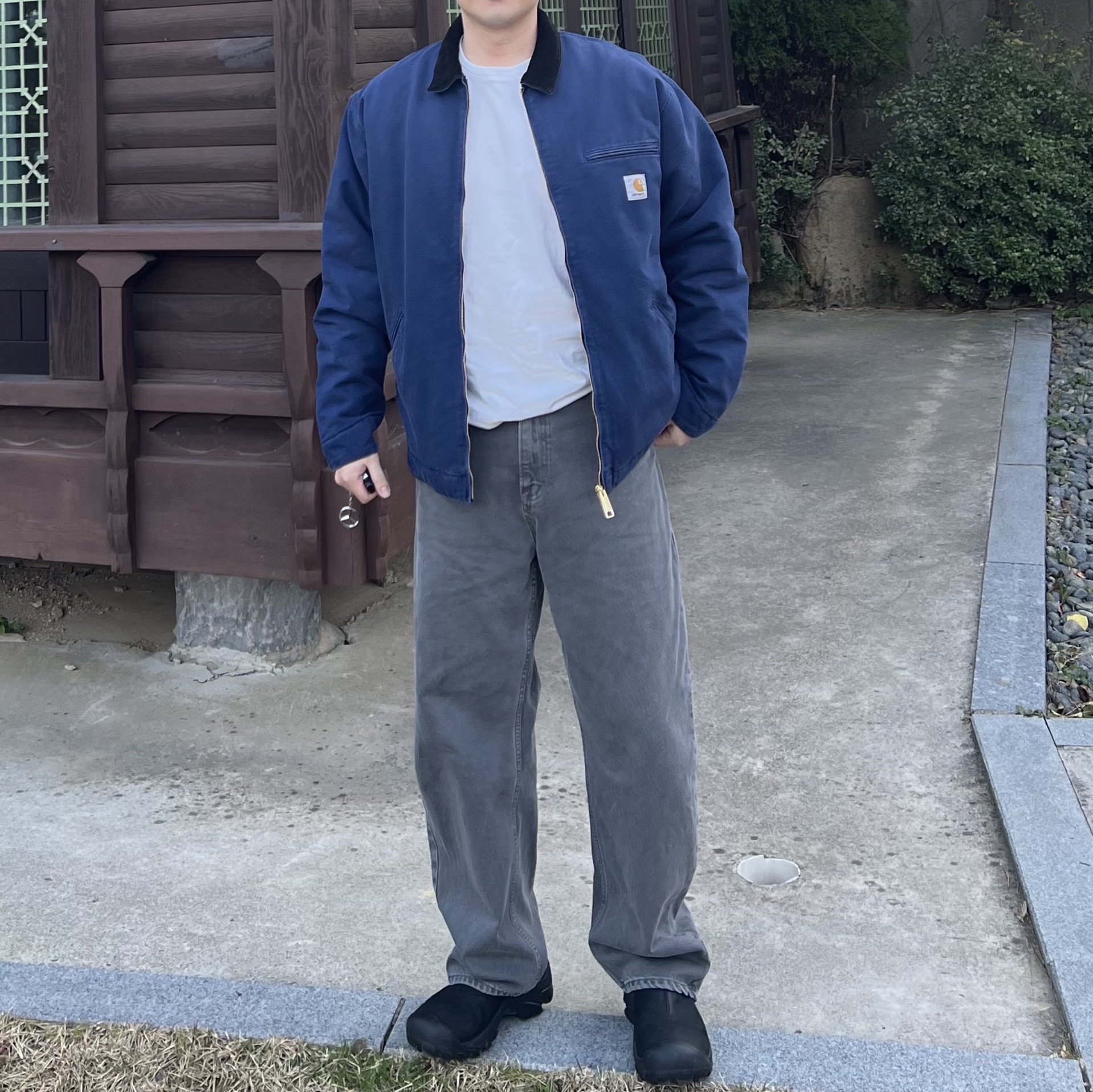 Carhartt WIP Organic Cotton Dearborn Canvas OG Detroit Jacket Air Force Blue Aged Canvas - Winter 착용 스타일