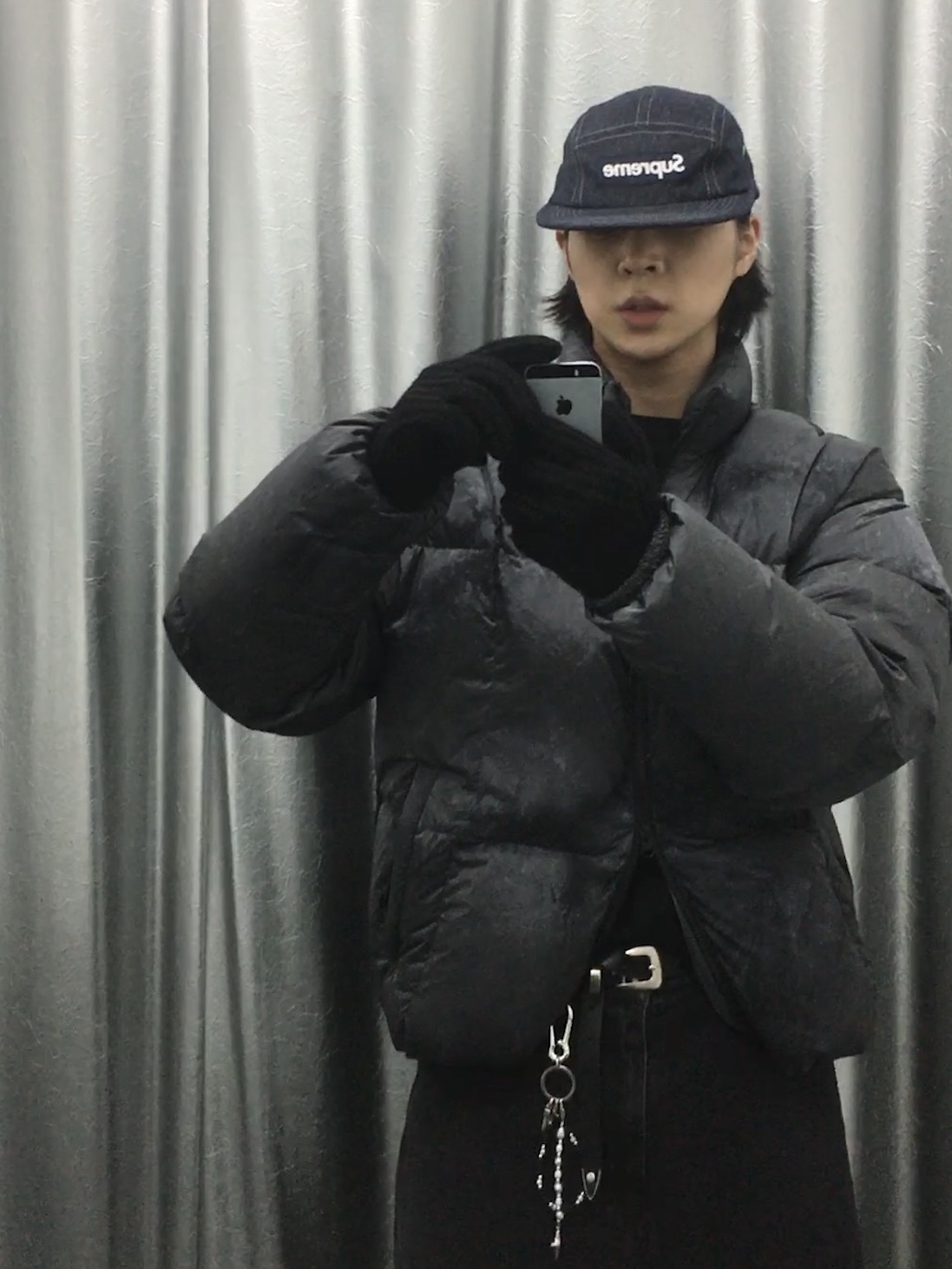 Millo Archive Arcade Curve Duck Down Padding Multi Black, Millo Archive Cradle Sweat Jacket Washed Indigo 착용 스타일 - 1