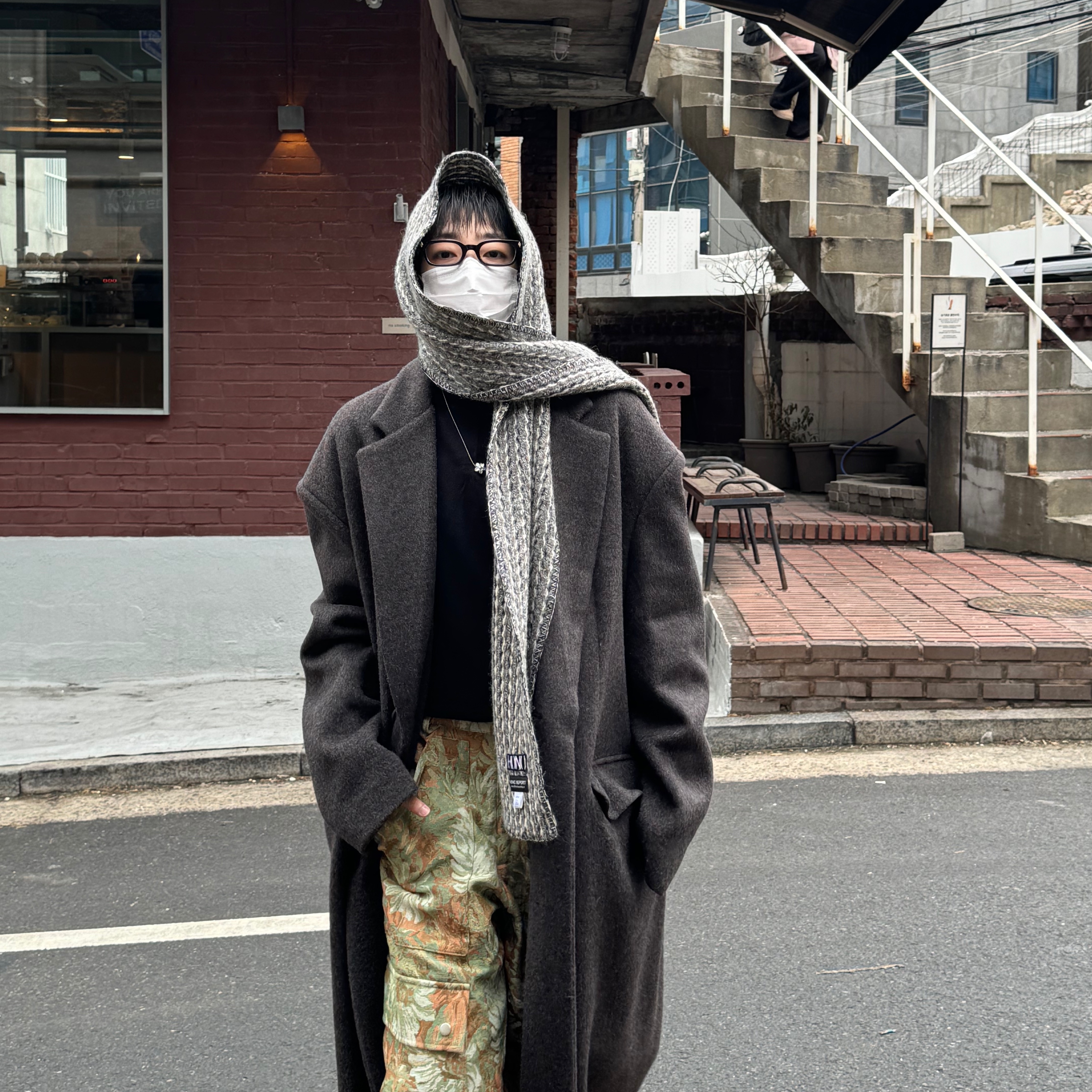Hono Report Jacquard Cargo Pants Green Garden, Hono Report Mixed Muffler Melange 착용 스타일 - 1