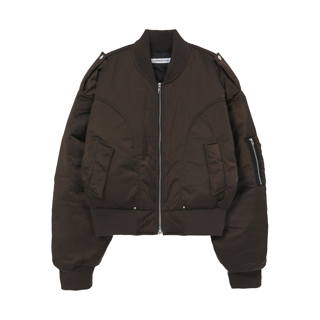 SR24FWJK01BR SLOW RECORD HOUSE Curved Shirring Crop Bomber Jacket Brown
