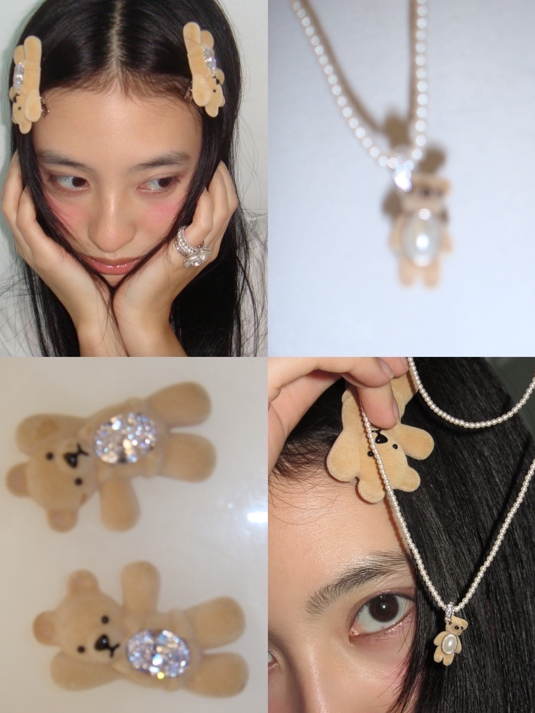 Yvmin Greeting Flocked Bear Hair Clip Brown Right - 24FW, Yvmin Greeting Flocked Bear Hair Clip Brown Left - 24FW 착용 스타일 - 3