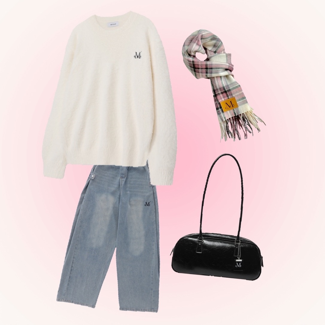 MUCENT Neuss Angora Loose-Fit Knit Ivory, MUCENT Fluid Signature Side Button Pants Light Denim 착용 스타일