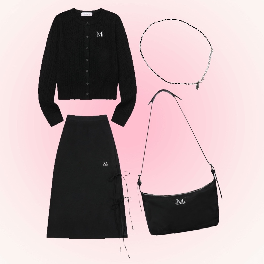 MUCENT Adian Button Crop Knit Cardigan Black, MUCENT Baden Side Slit Long Skirt Black 착용 스타일