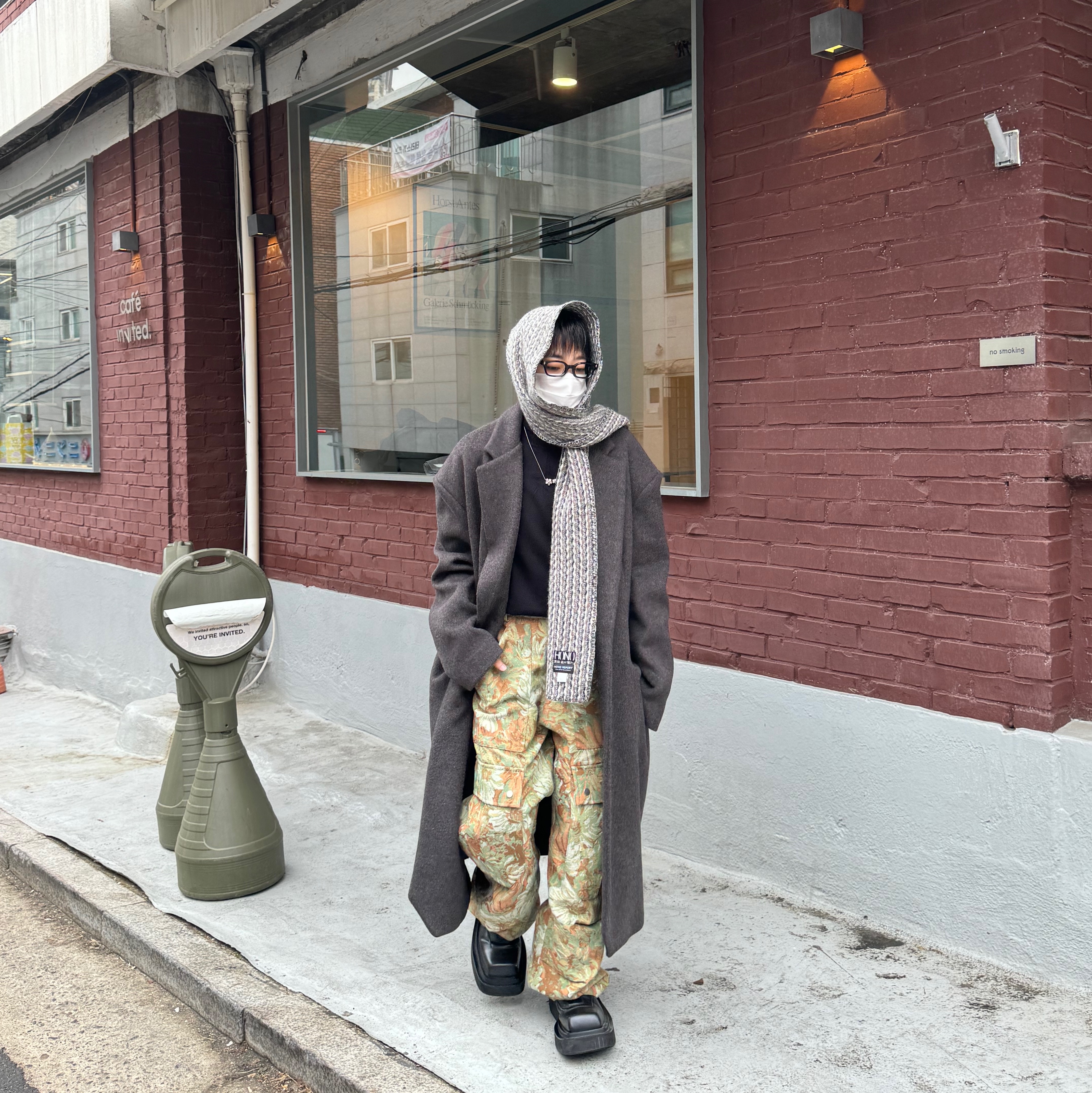 Hono Report Jacquard Cargo Pants Green Garden, Hono Report Mixed Muffler Melange 착용 스타일 - 4