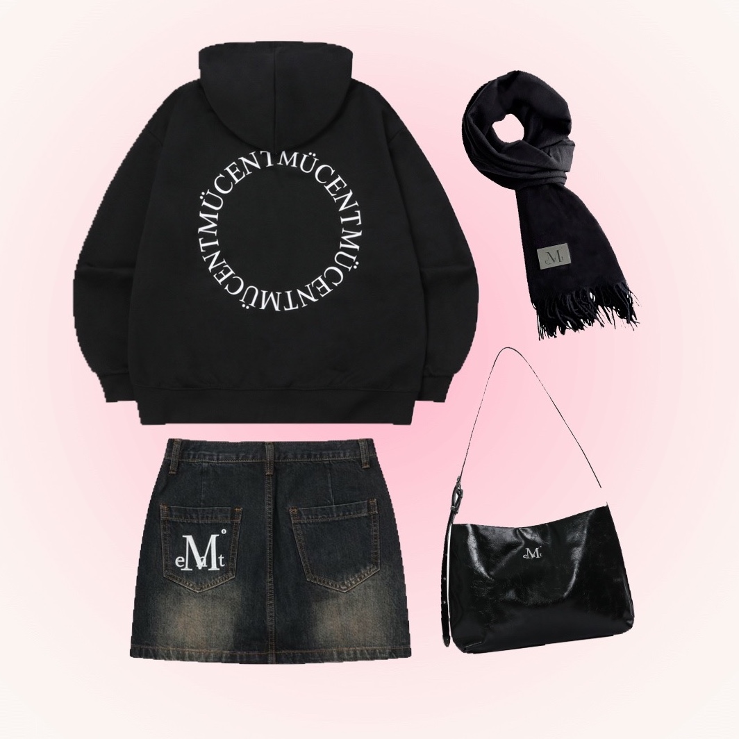 MUCENT Back Logo 2-Way Hood Zip-Up Black, MUCENT Crail Back Pocket Big Logo Denim Skirt Dark Blue 착용 스타일