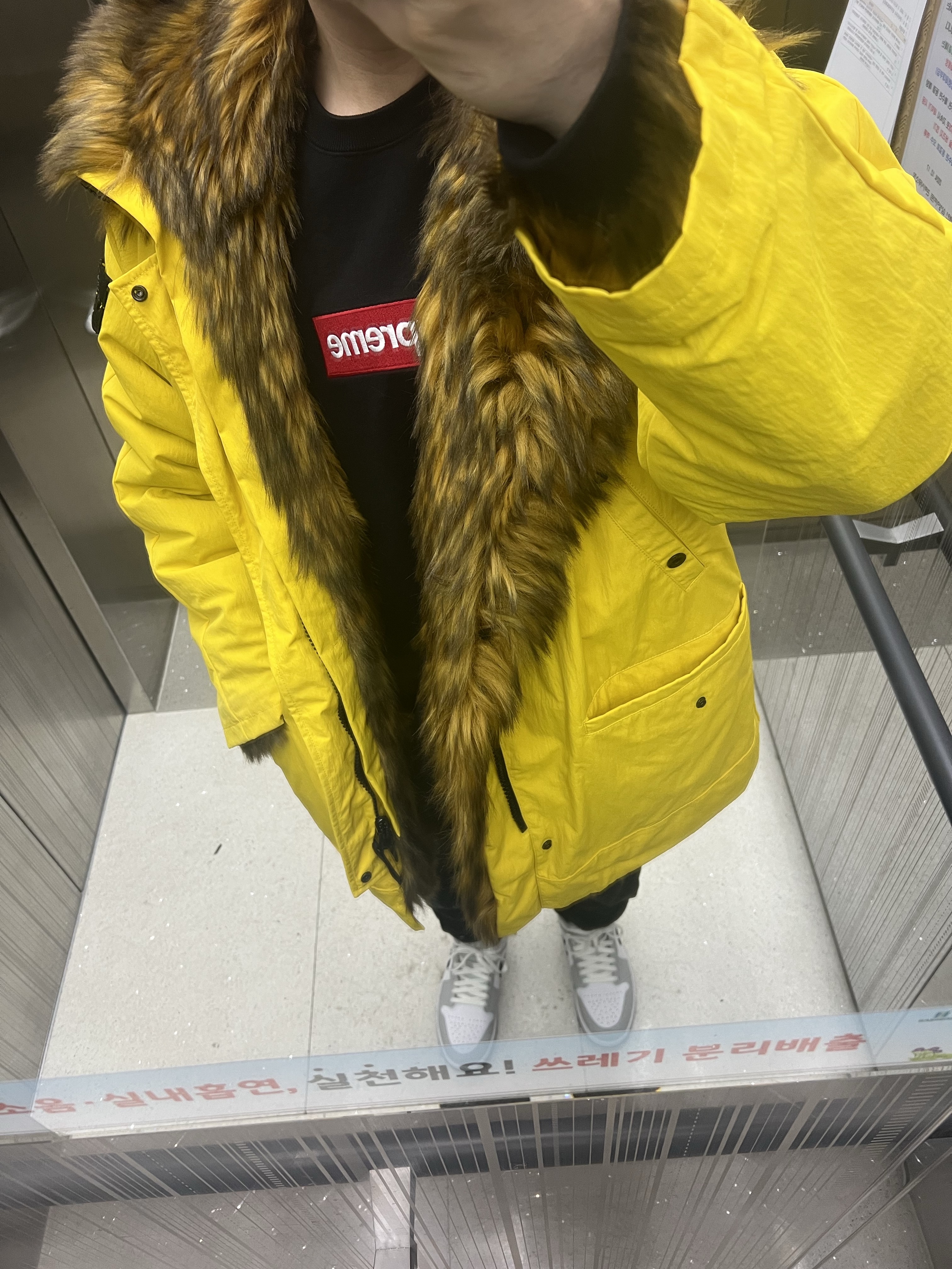 Supreme x Stone Island Formula Steel Reversible Faux Fur Parka Yellow - 22SS, Supreme Box Logo Crewneck Black - 22FW 착용 스타일