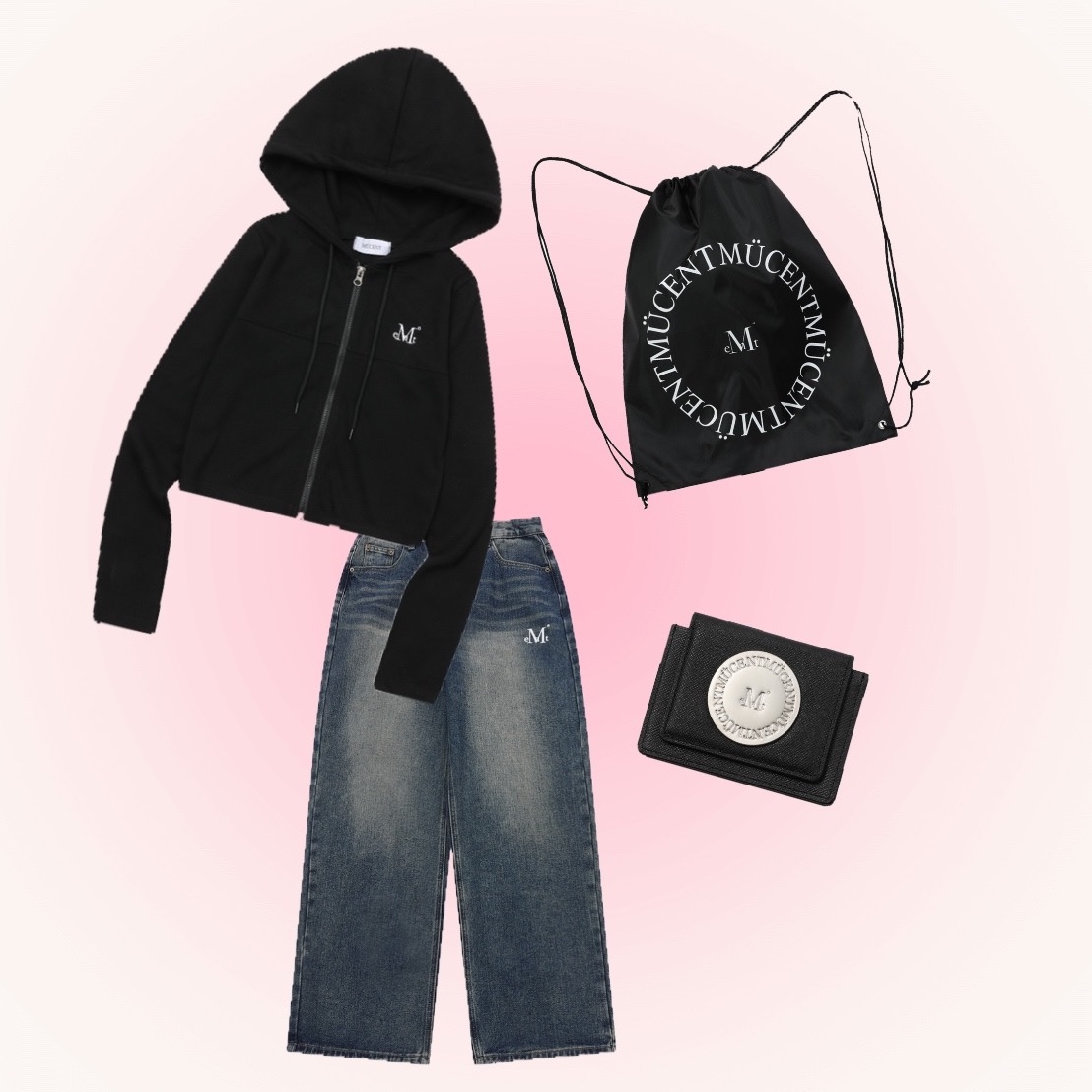 MUCENT Viv Two Way Crop Knit Zip Up Black, MUCENT Palma Wide Denim Pants Deep Blue 착용 스타일