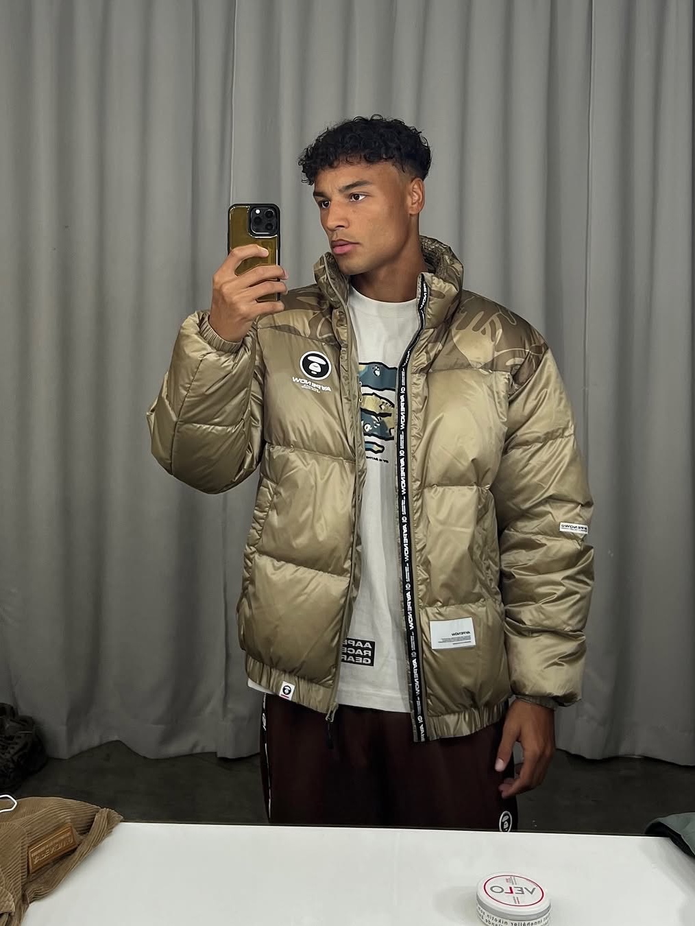 AAPE 29.5" Now Down Jacket Dark Beige - 24FW 착용 스타일