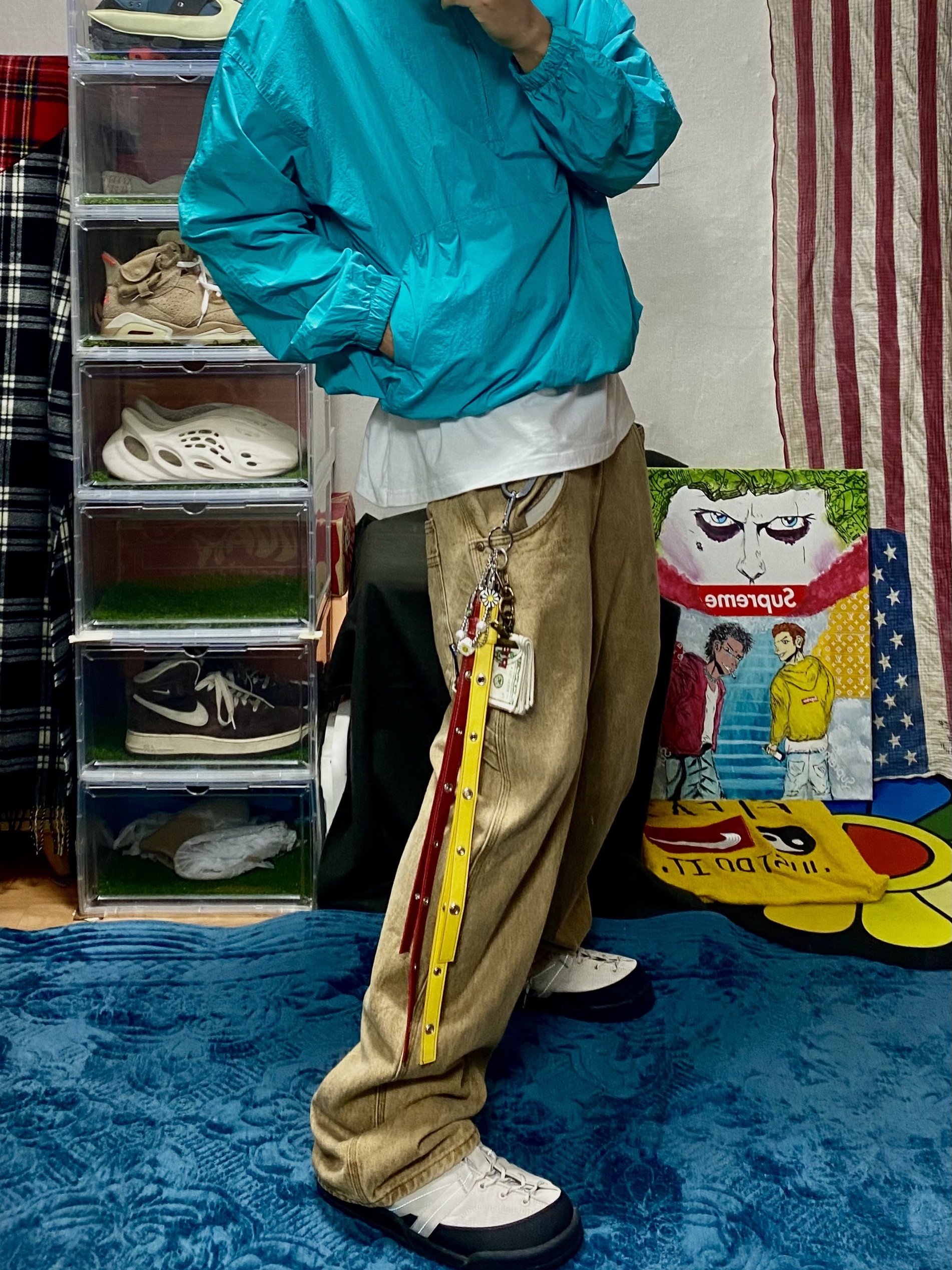 Kinchi x Yiyae Bone Mule Camel, MJD Side Snap Wide Sweatshorts City Camo 착용 스타일 - 4
