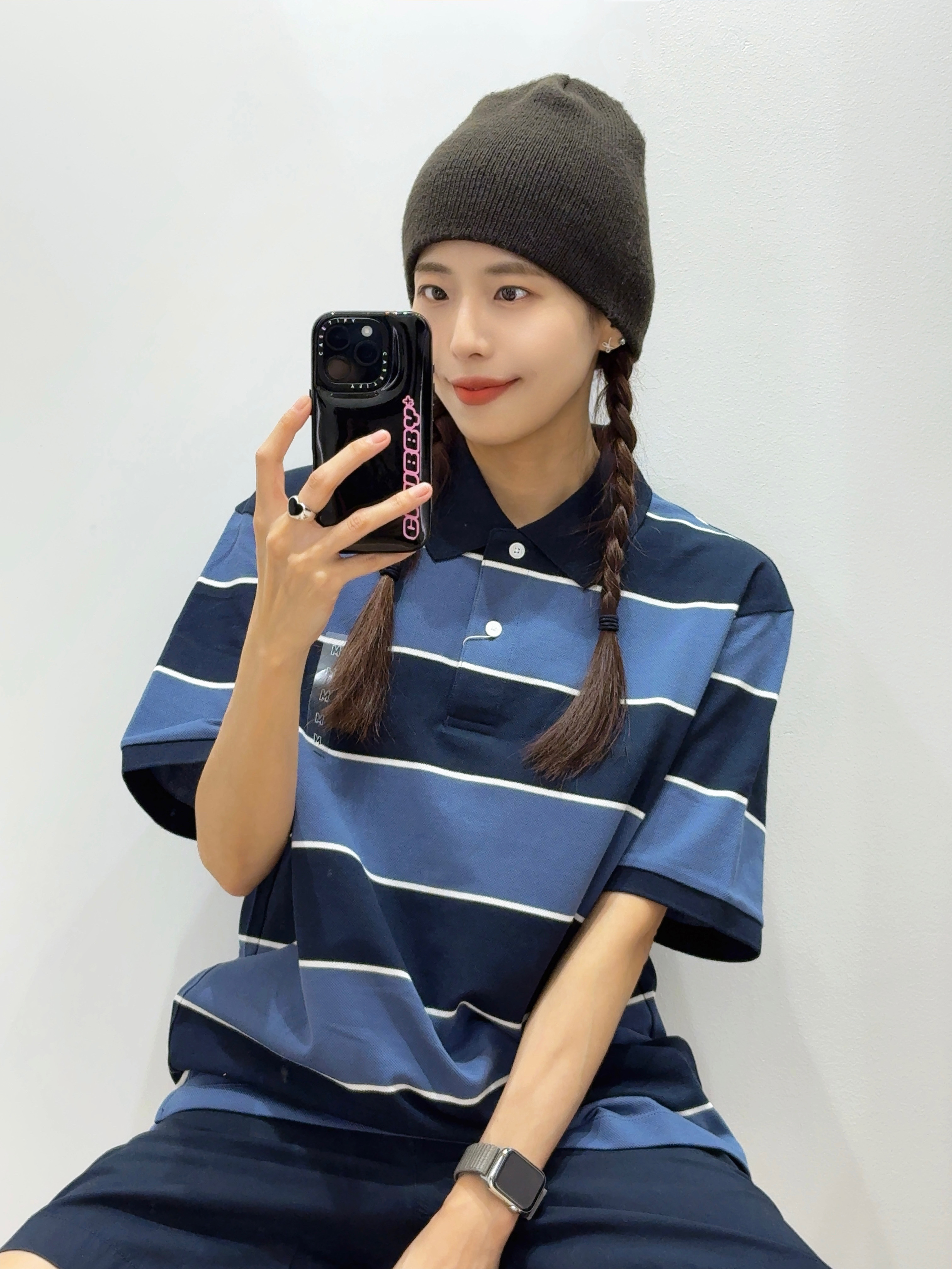 Uniqlo x JW Anderson Dry Pique Stripe Polo Shirt Wide Blue - KR, Nonenon Black Love Ring 착용 스타일