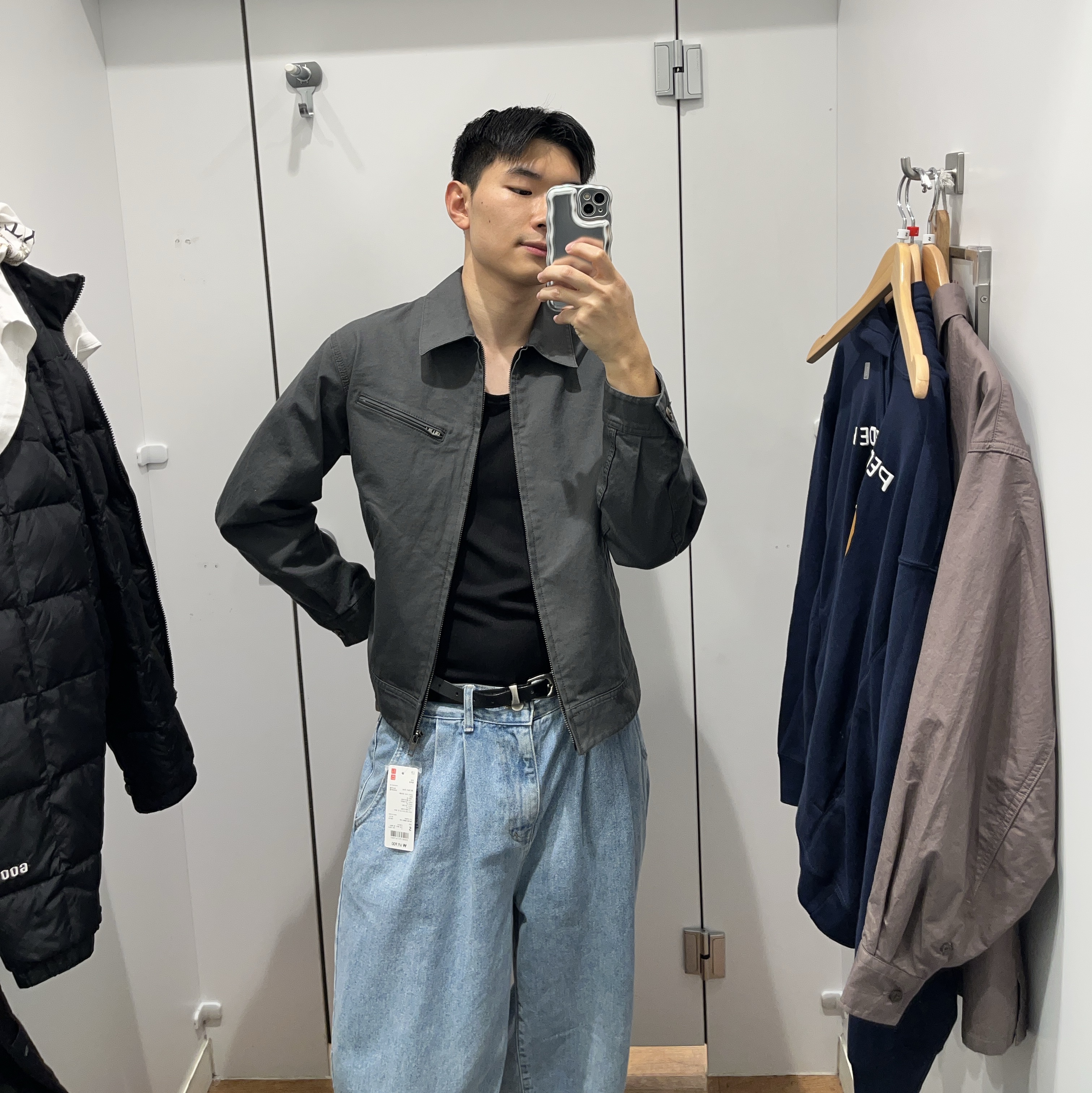 Uniqlo U Utility Shirts Purple - KR, Uniqlo UT x CPFM x SpongeBob Sweat Pull Parka A Gray - KR 착용 스타일 - 5