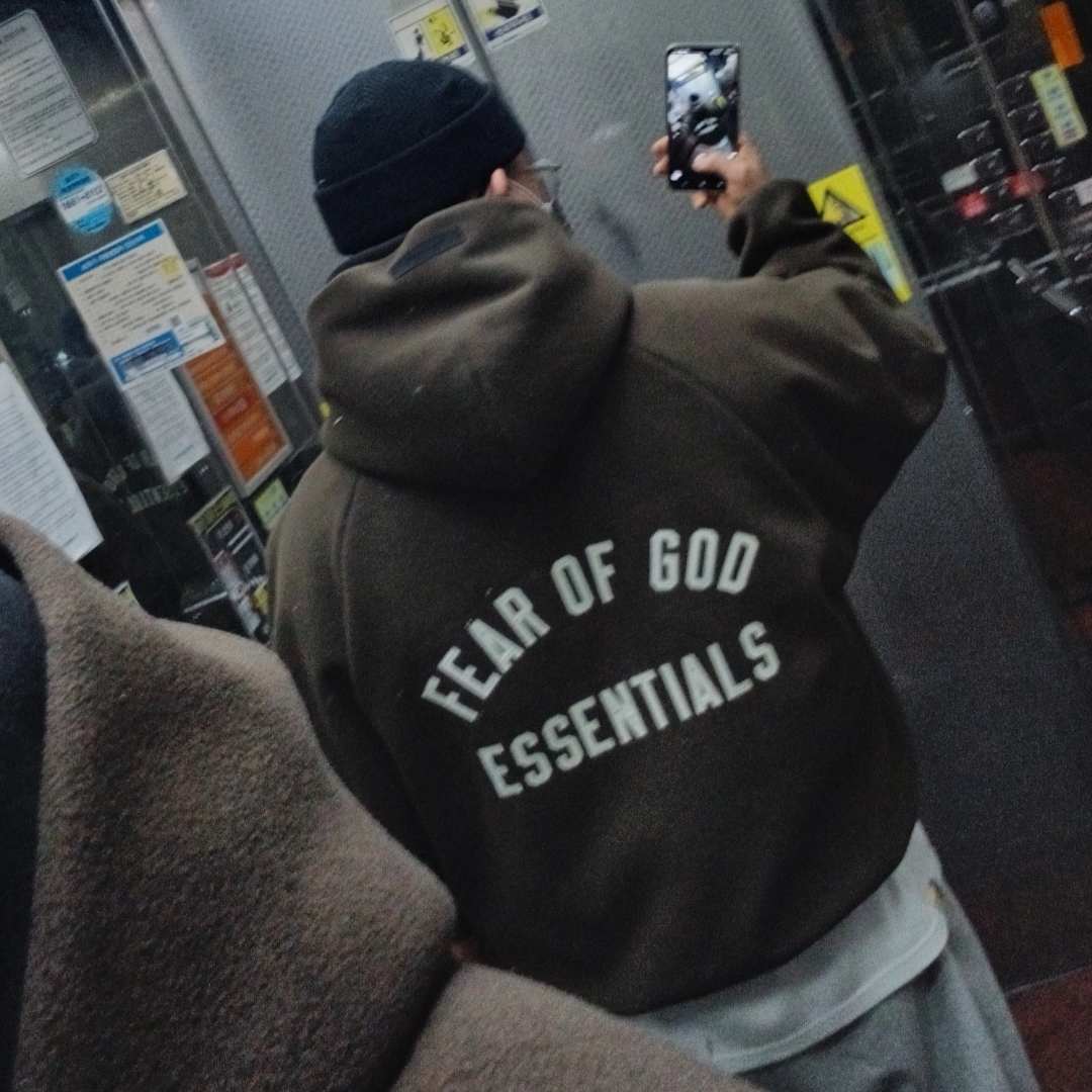 Essentials Brushed Full Zip Hoodie Bomber Jacket Brown - 24FW 착용 스타일
