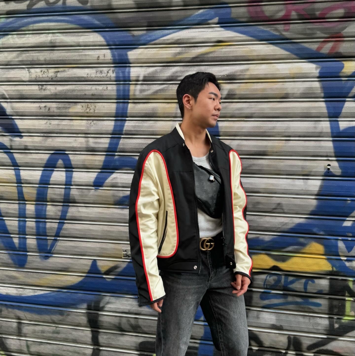 Diesel J-Blink Biker Jacket in Colour-Block Nylon Black White 착용 스타일 - 1