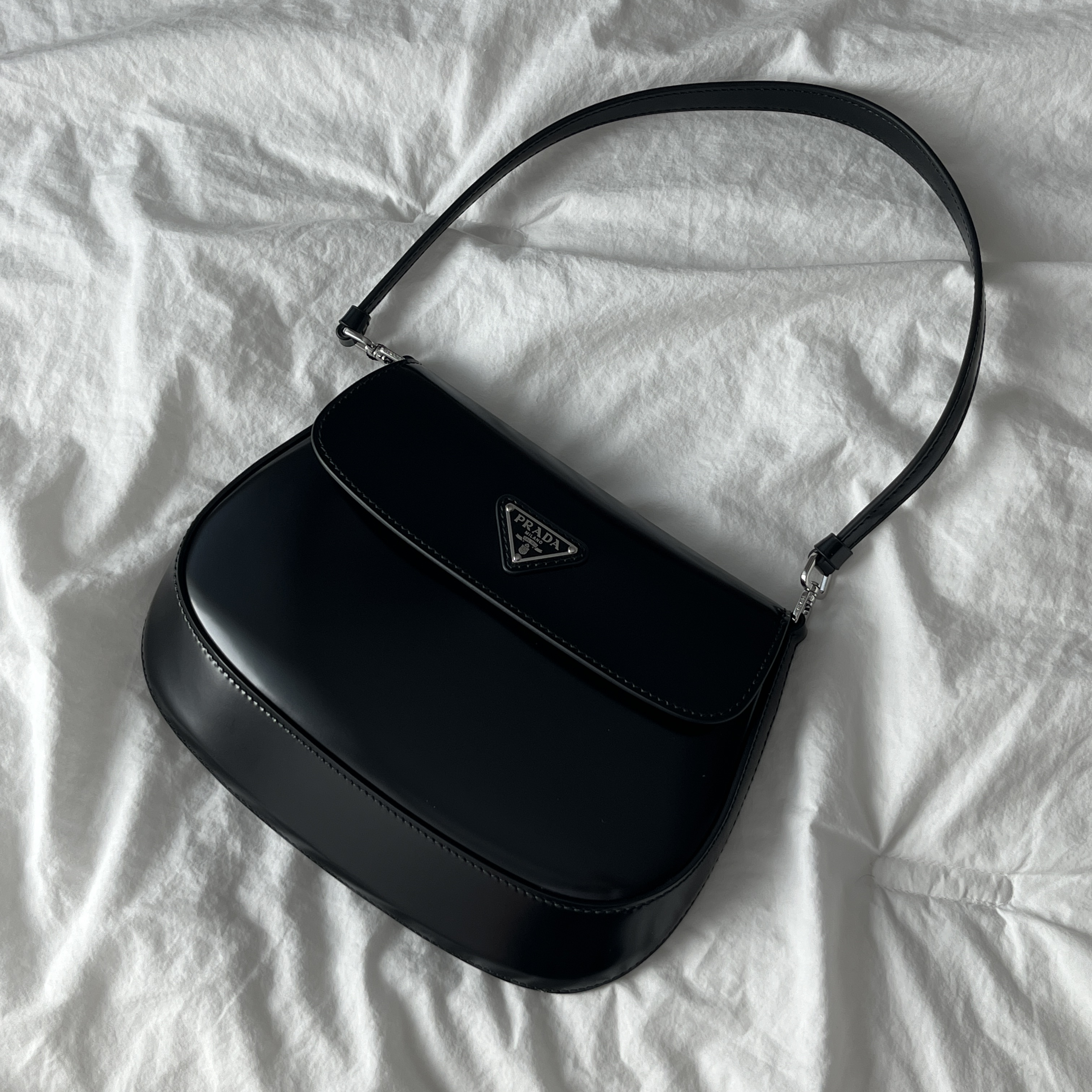 Prada Cleo Brushed Leather Shoulder Bag with Flap Black 착용 스타일 - 1