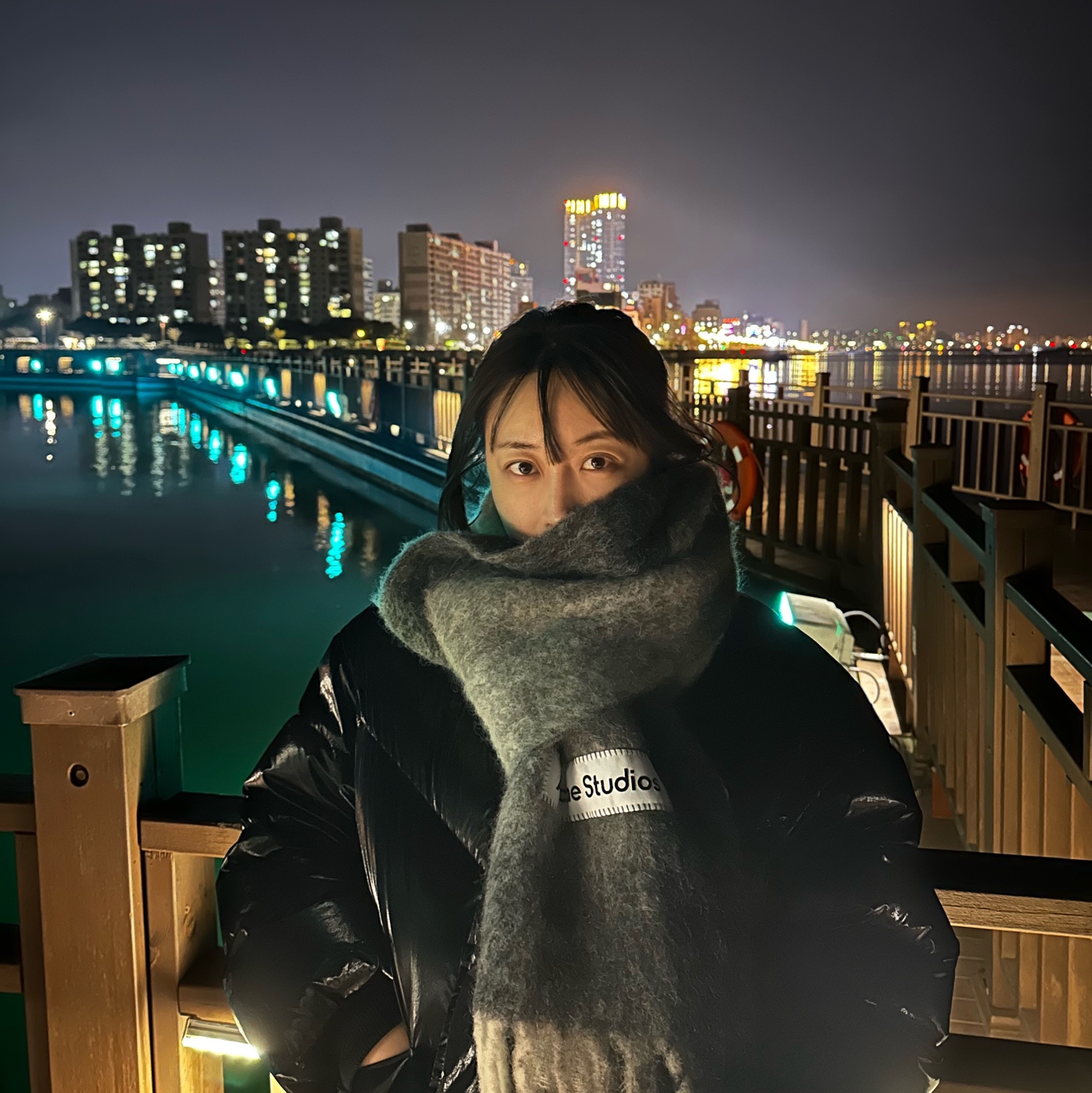 Acne Studios Mohair Check Muffler Grey Green Black, (W) Emis Luster Reversible Down Jacket Black 착용 스타일