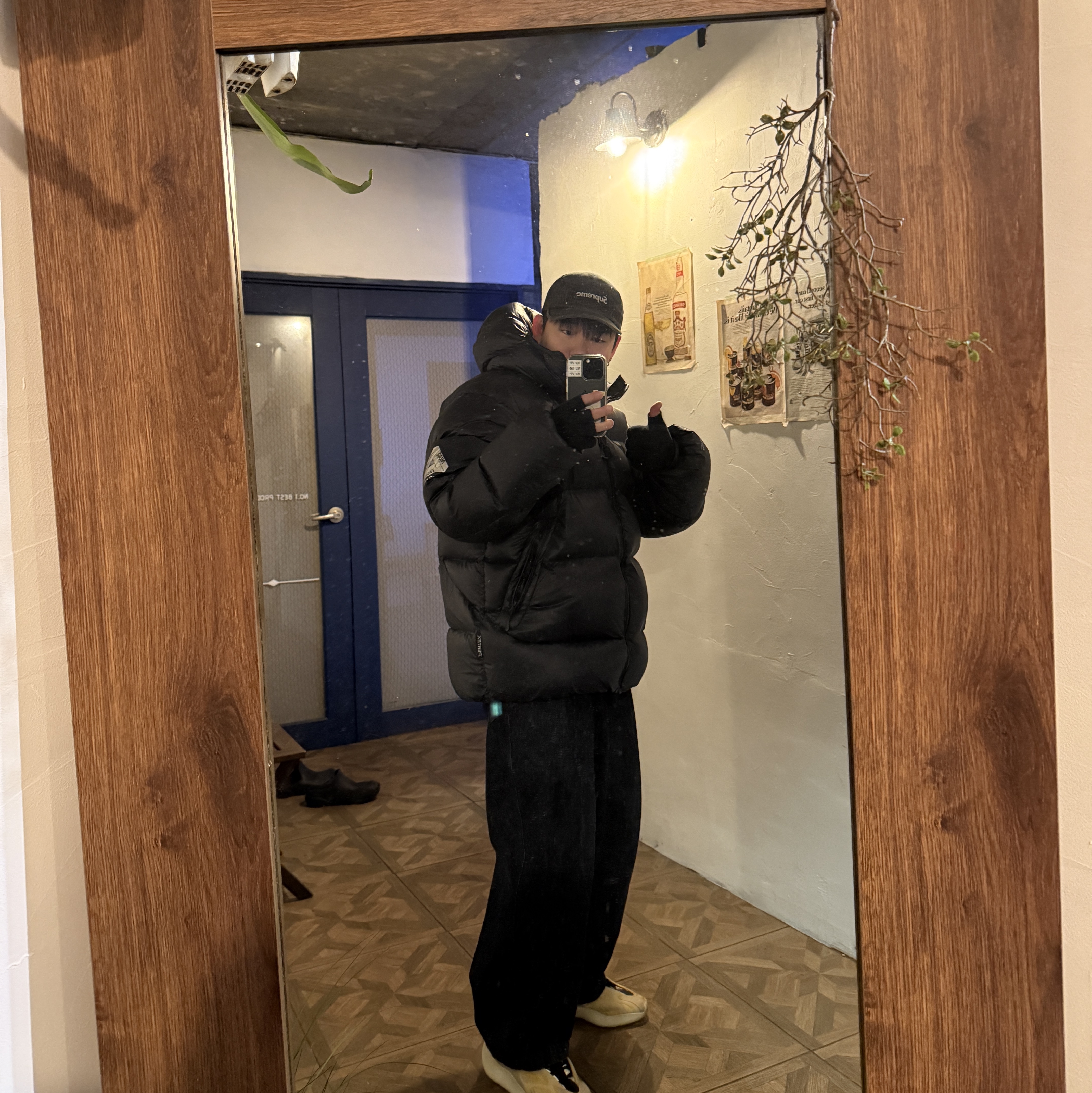 Palace Pertex Opaque Balaclava Puffa Black - 24FW, Supreme Coated Denim Camp Cap Black - 24SS 착용 스타일