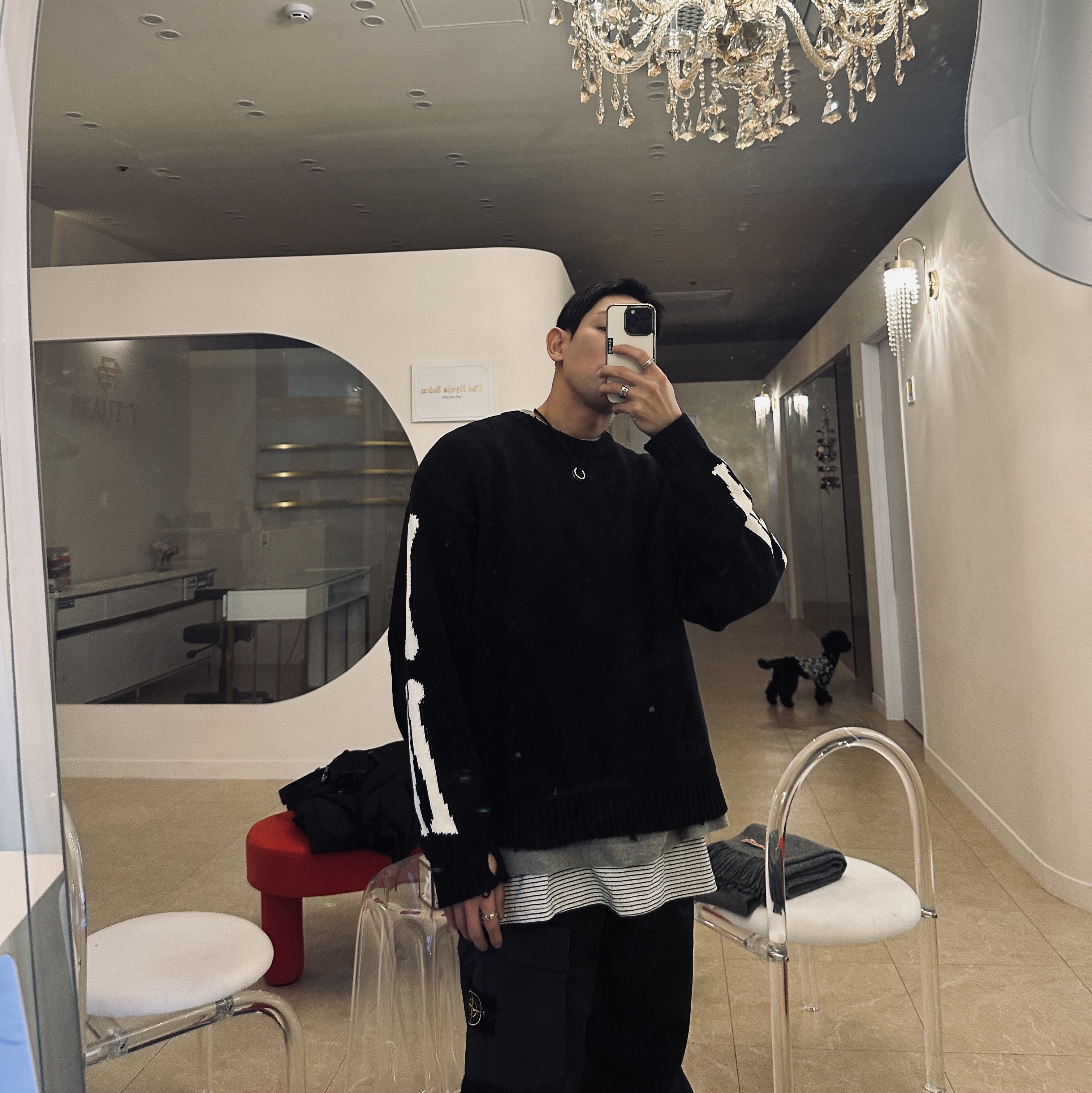 Kapital 5G Cotton Knit Bone Crewneck Sweater Black 착용 스타일