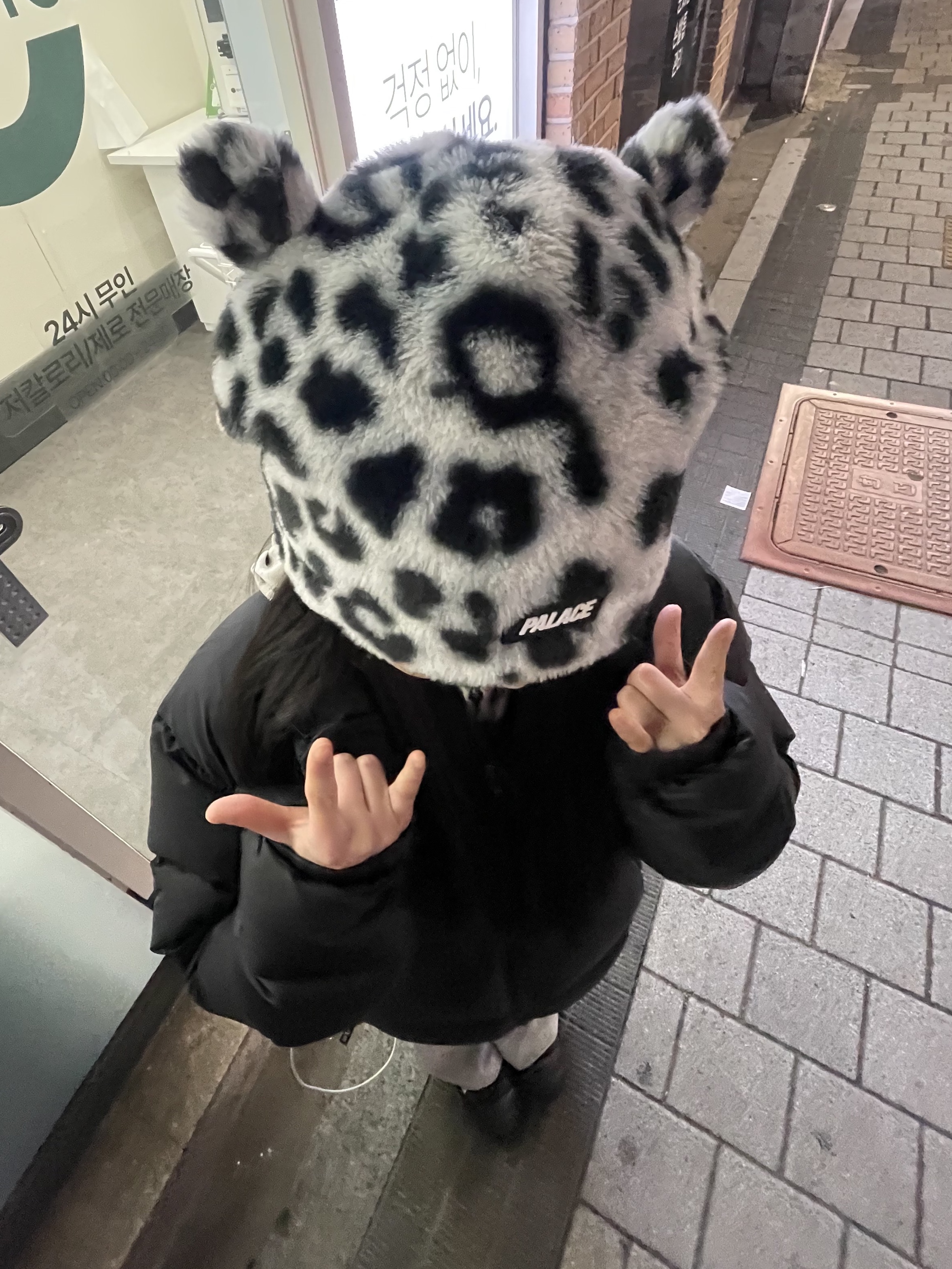 Palace Furry Ears Nein Cuff Beanie Snow Leopard - 24FW 착용 스타일 - 1