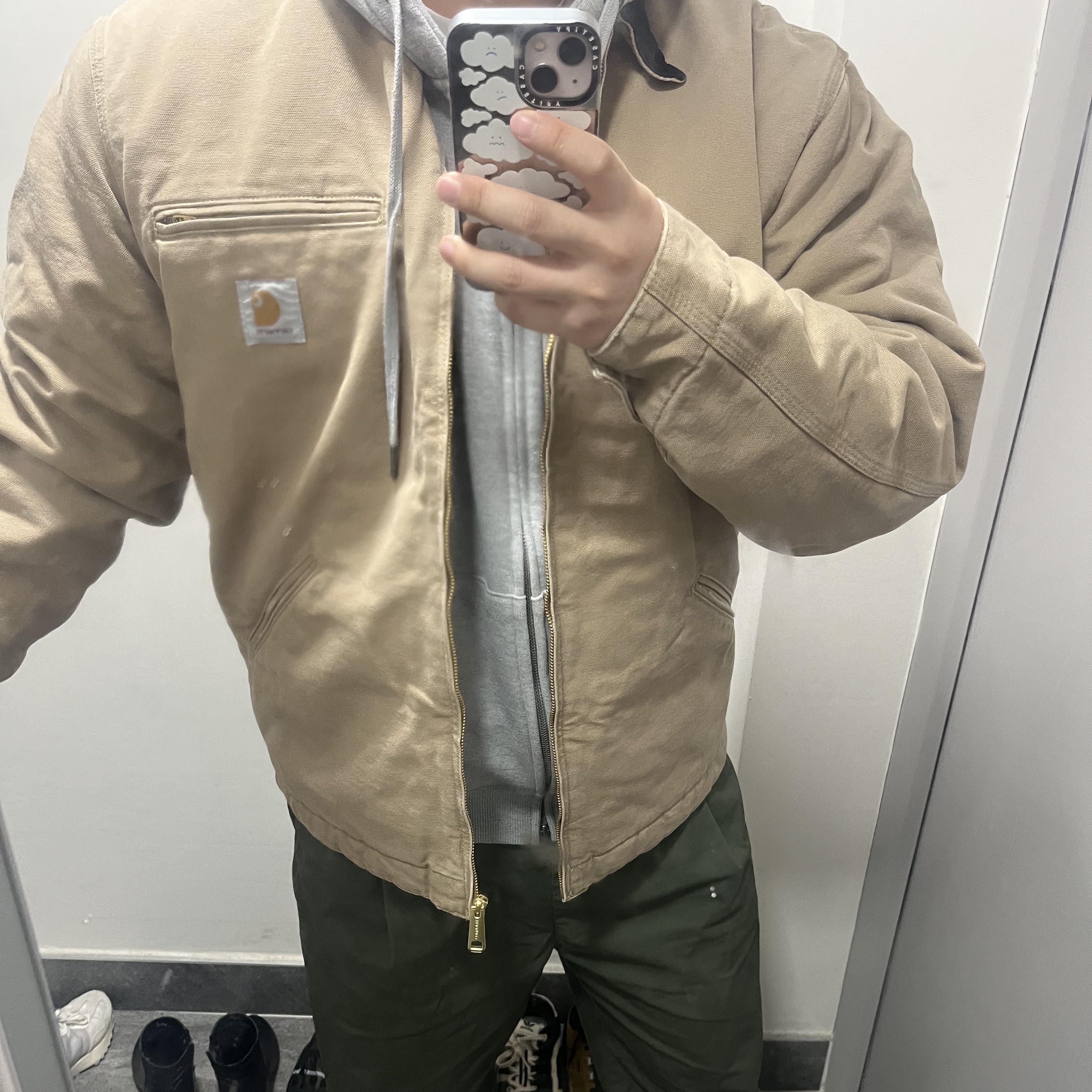 Carhartt WIP Organic Cotton Dearborn Canvas OG Detroit Jacket Peanut Aged Canvas - Winter 착용 스타일