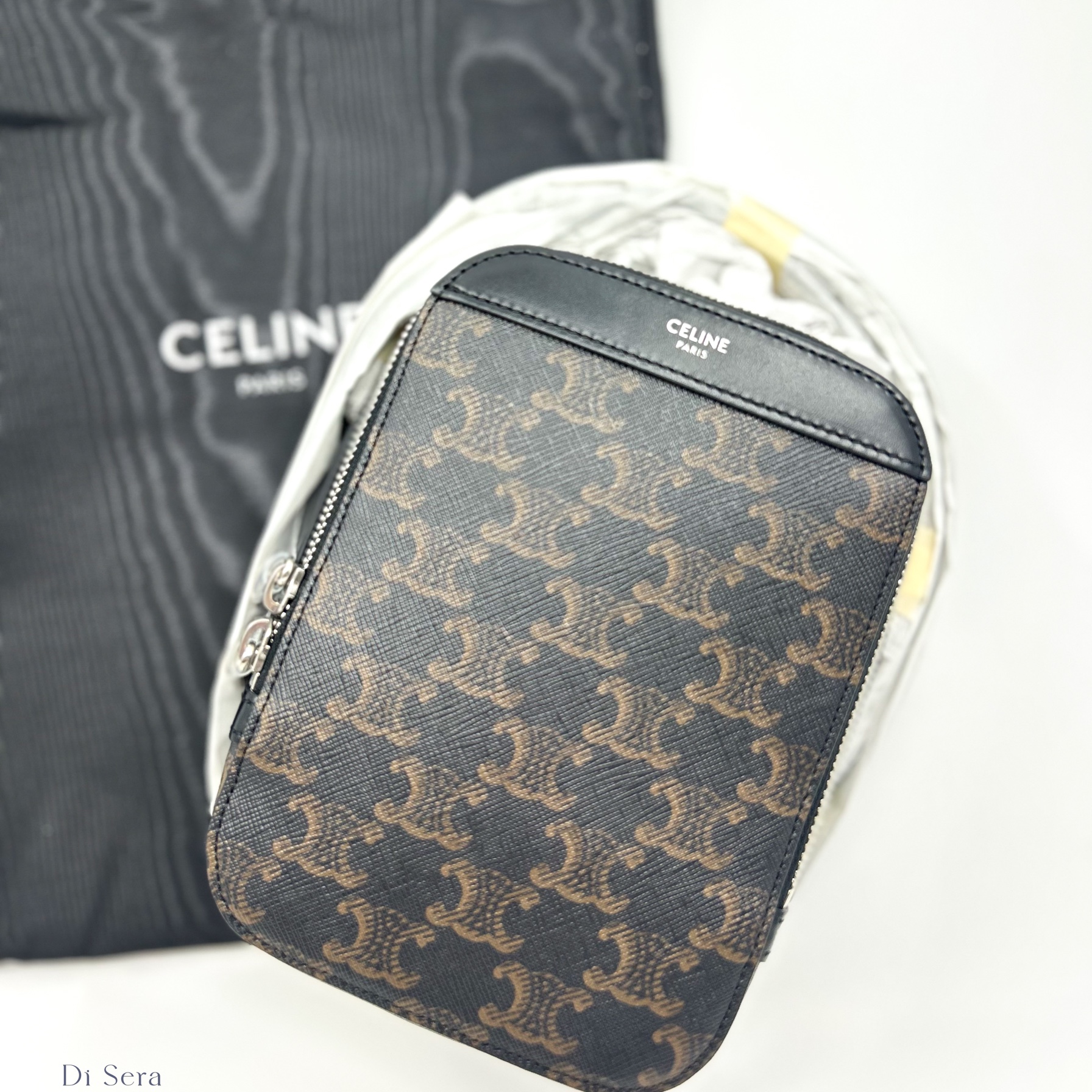 Celine Vertical Messenger Box Bag in Triomphe Canvas and Calfskin Black 착용 스타일 - 2